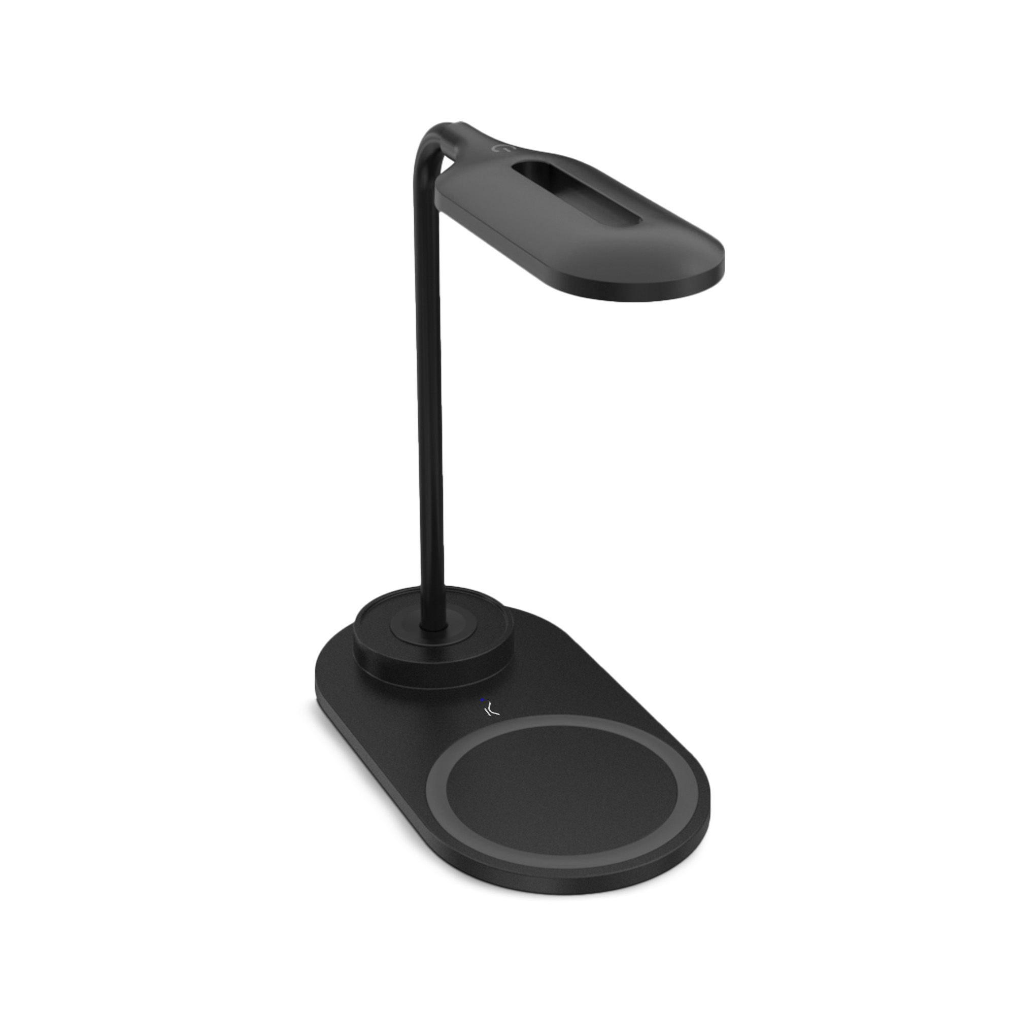 Lámpara de escritorio negra. Tiene una base, un tallo vertical y un cabezal de luz.