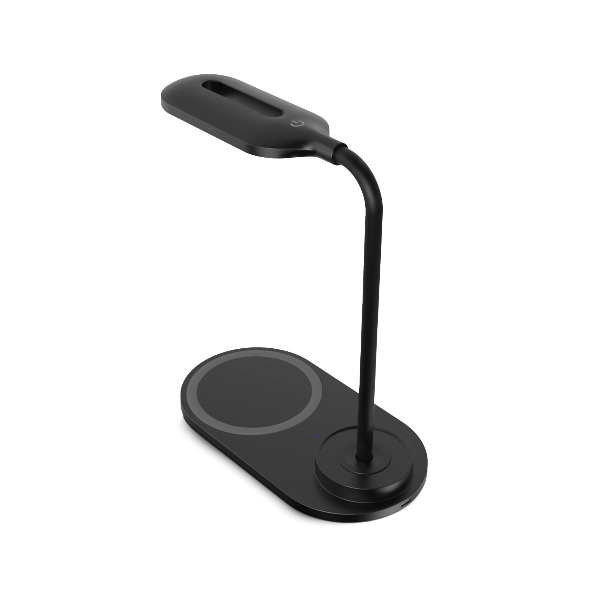 Una lámpara de escritorio negra con cuello flexible y base de carga.