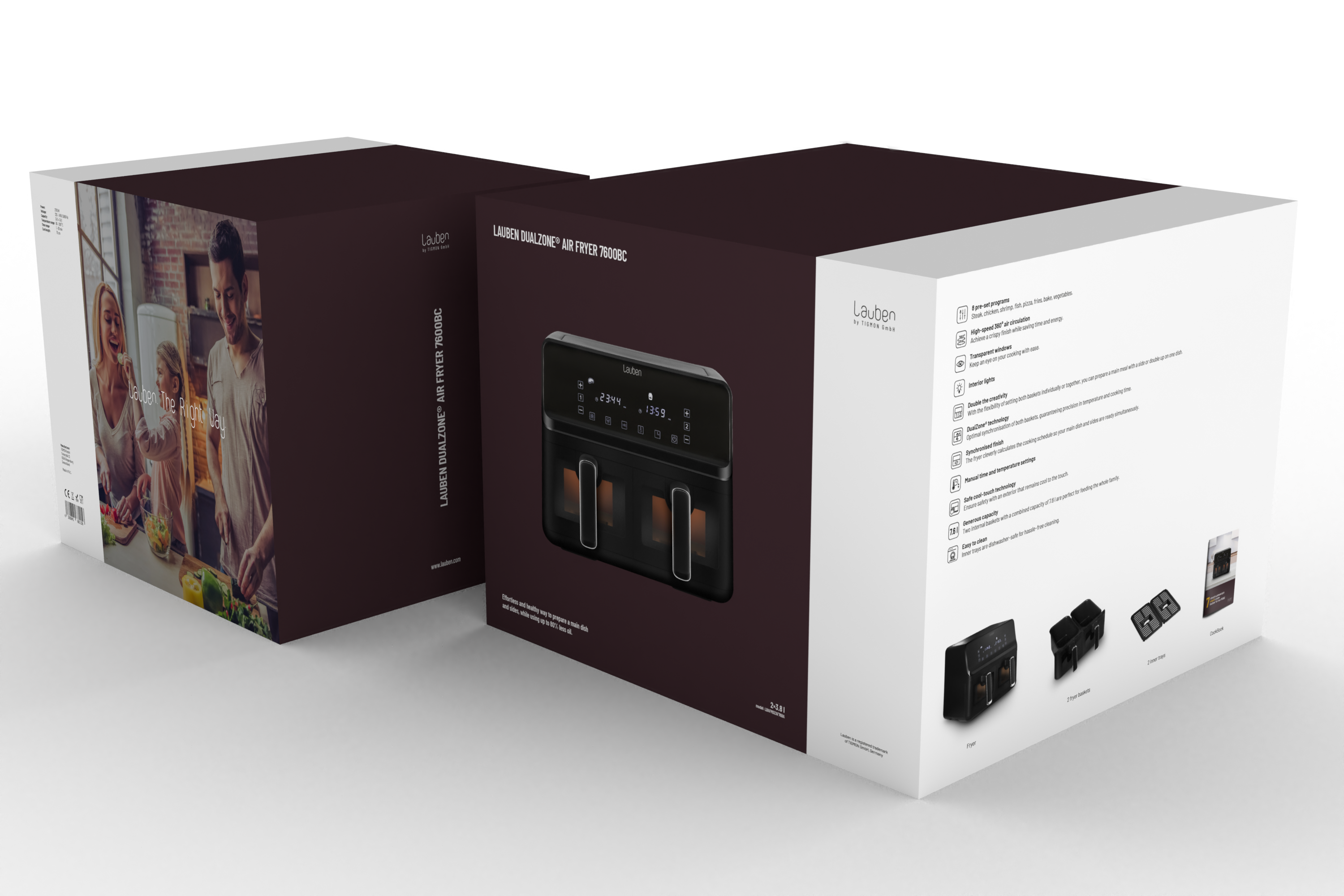 Zwei Airfryer-Boxen. Eine zeigt eine Familie in einer Küche, die andere ein schwarzes Airfryer-Bild.