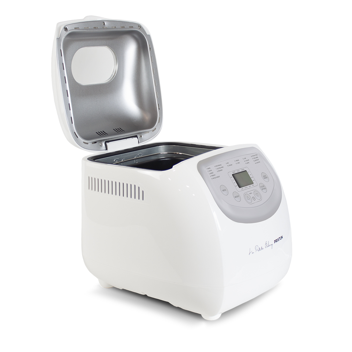 Biała maszyna do pieczenia chleba z otwartą pokrywą. Z przodu panel sterowania.