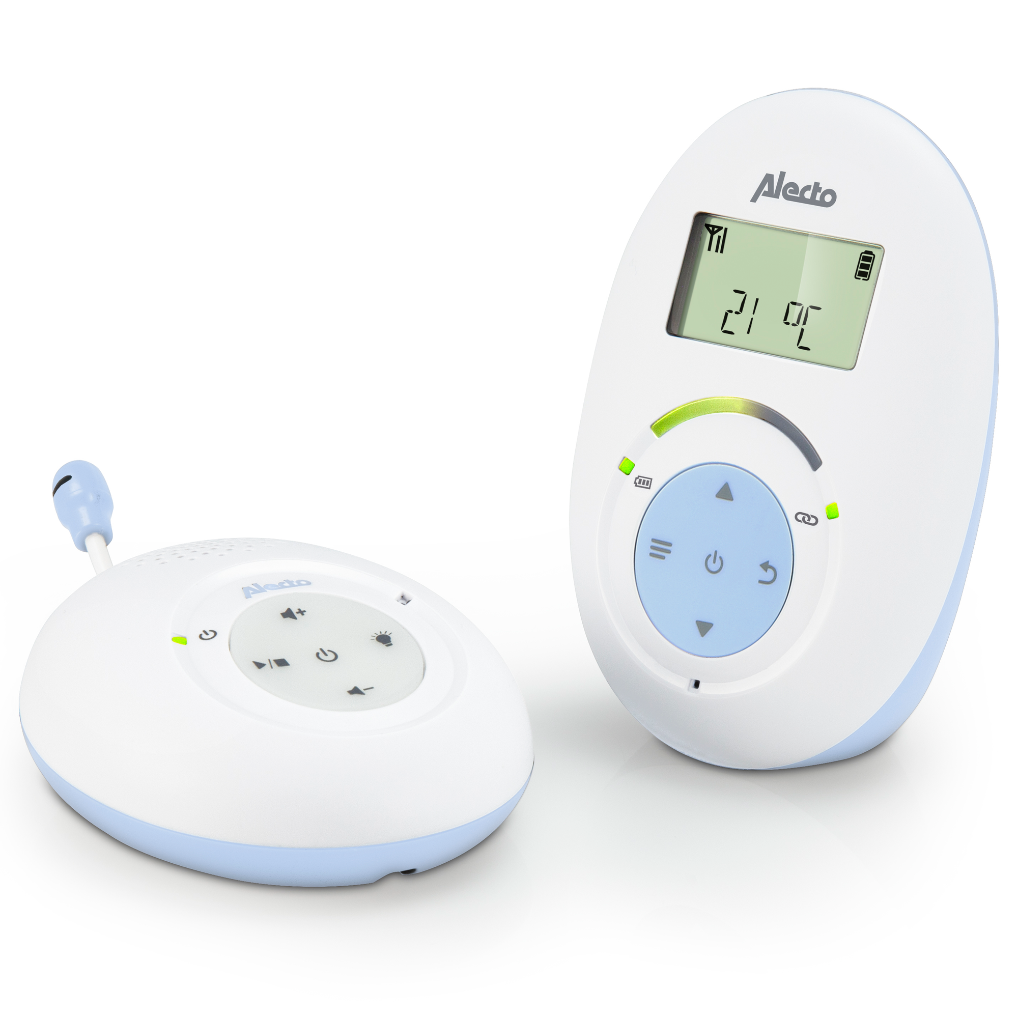 A baby monitor set. It includes a parent unit and a baby unit. White and blue color scheme.