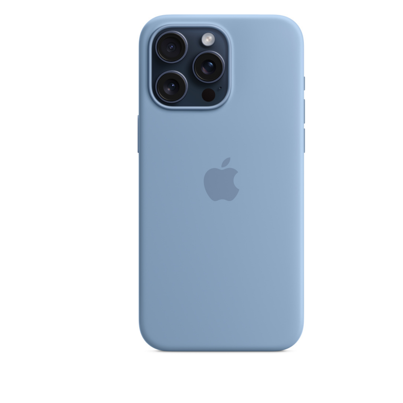 Blaues iPhone mit Apple-Logo. Dreifachkamera. Blaue Hülle. Weißer Hintergrund.
