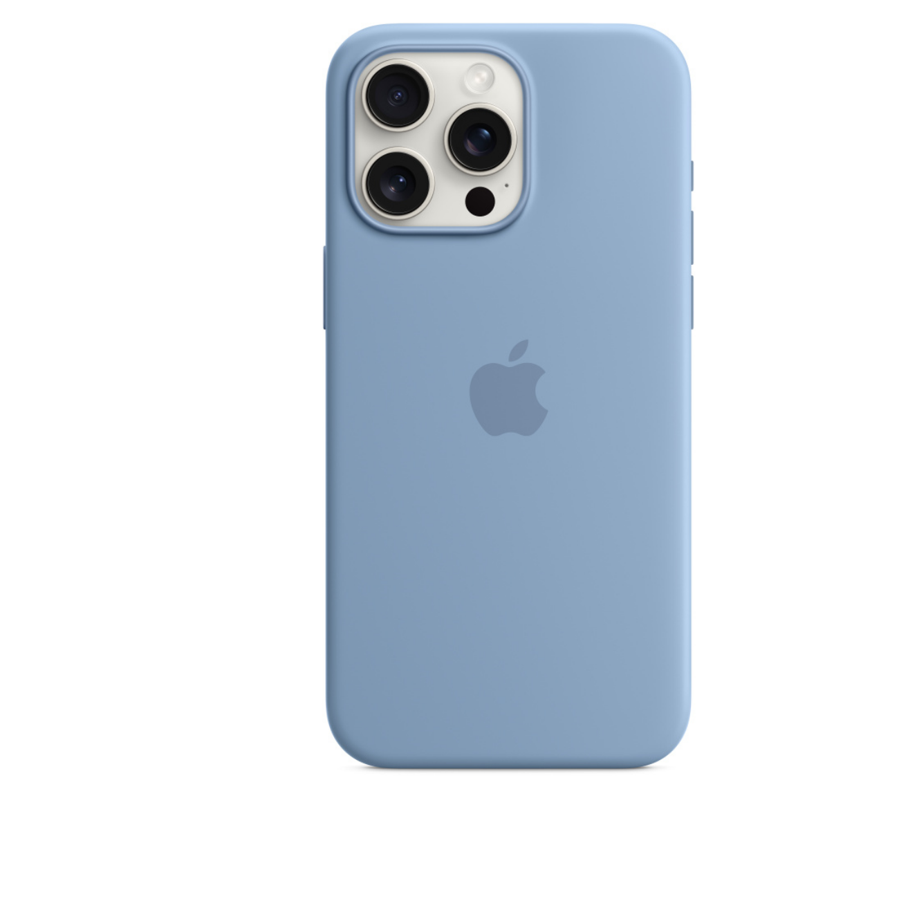 Eine blaue iPhone-Hülle mit drei Kameralinsen und dem Apple-Logo auf der Rückseite.
