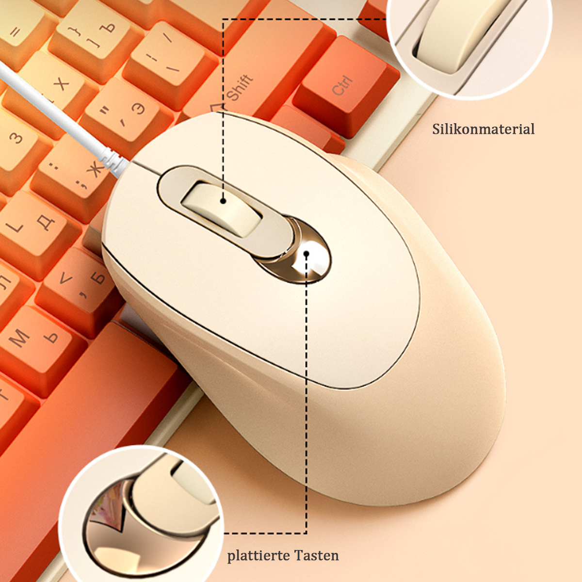 Primer plano de un ratón beige con teclado naranja de fondo, con anotaciones.