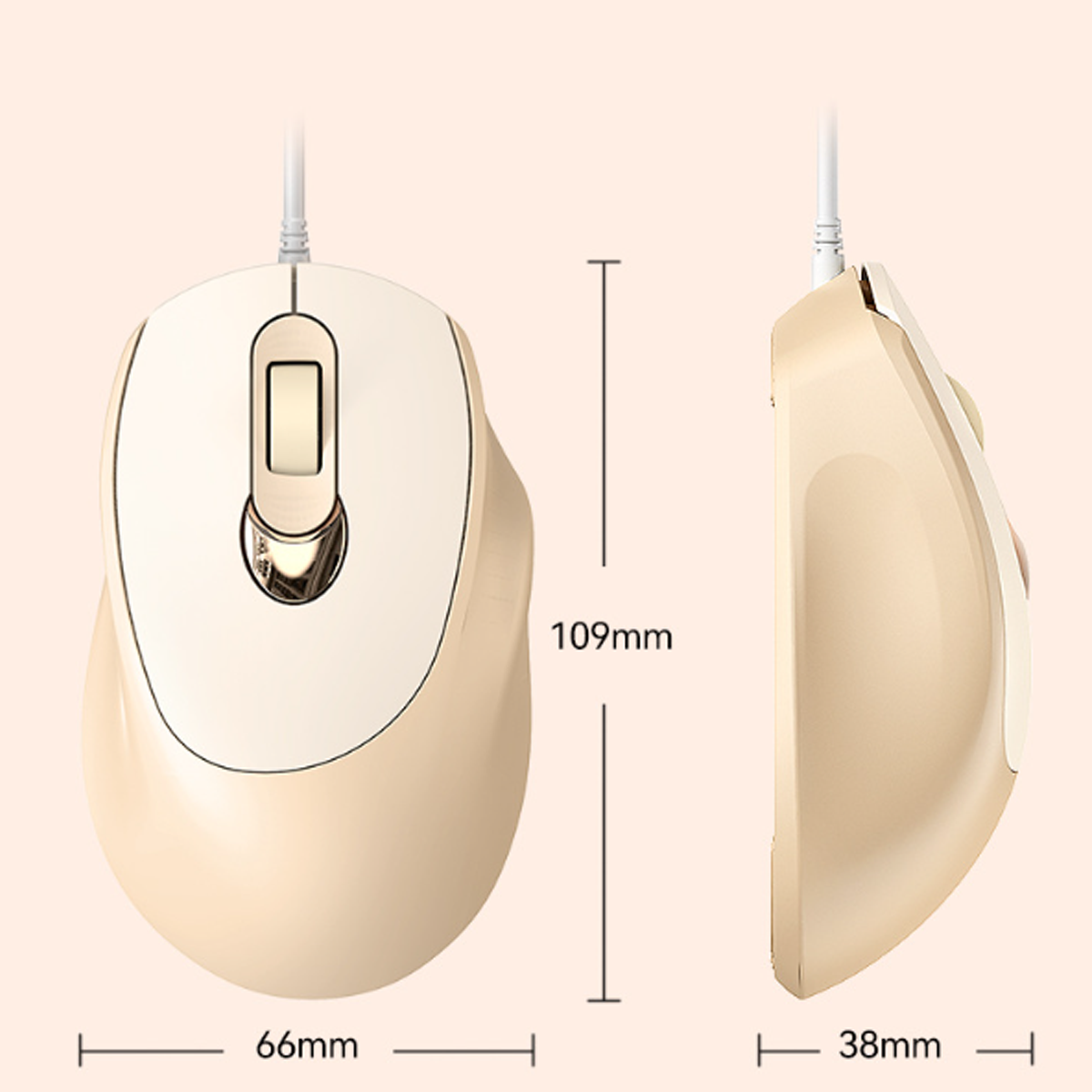 Dos vistas de un ratón de ordenador beige con medidas. Una vista superior, una lateral.