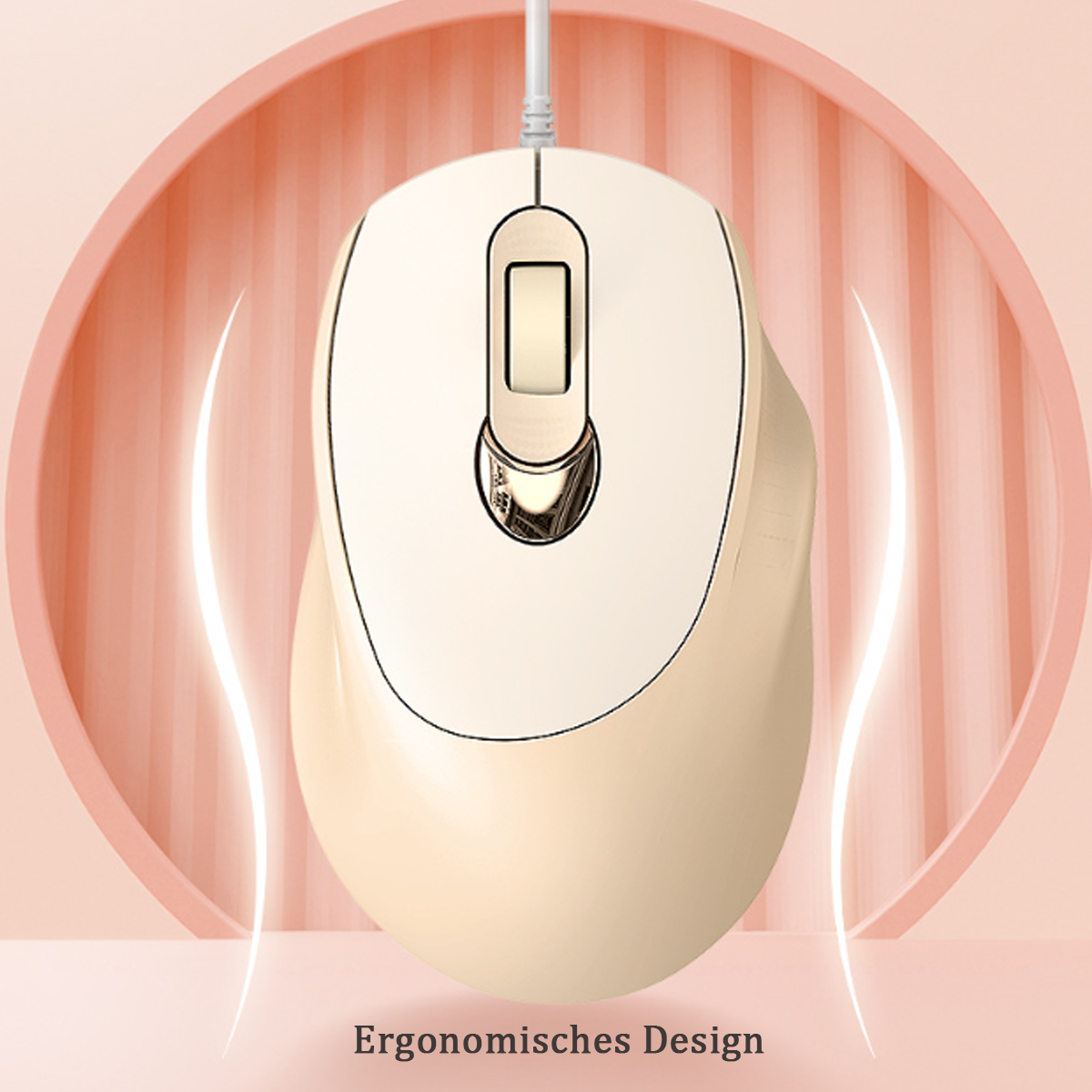 Ratón de ordenador color crema. Diseño ergonómico, con rueda y dos botones.