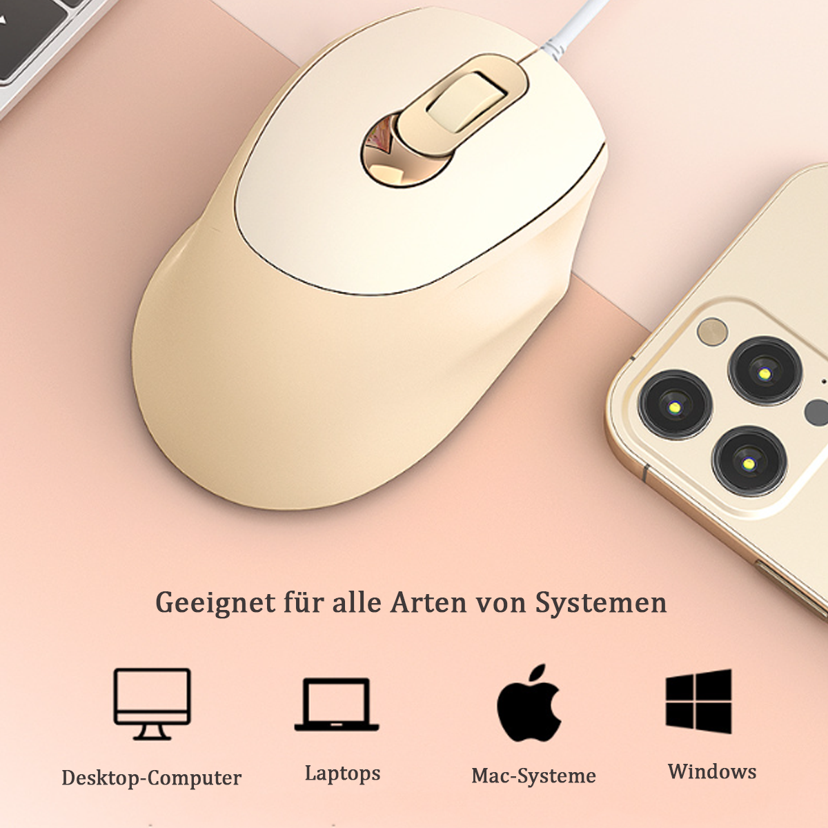Ratón beige y teléfono dorado sobre superficie rosa. Iconos de tipos de computadoras abajo.