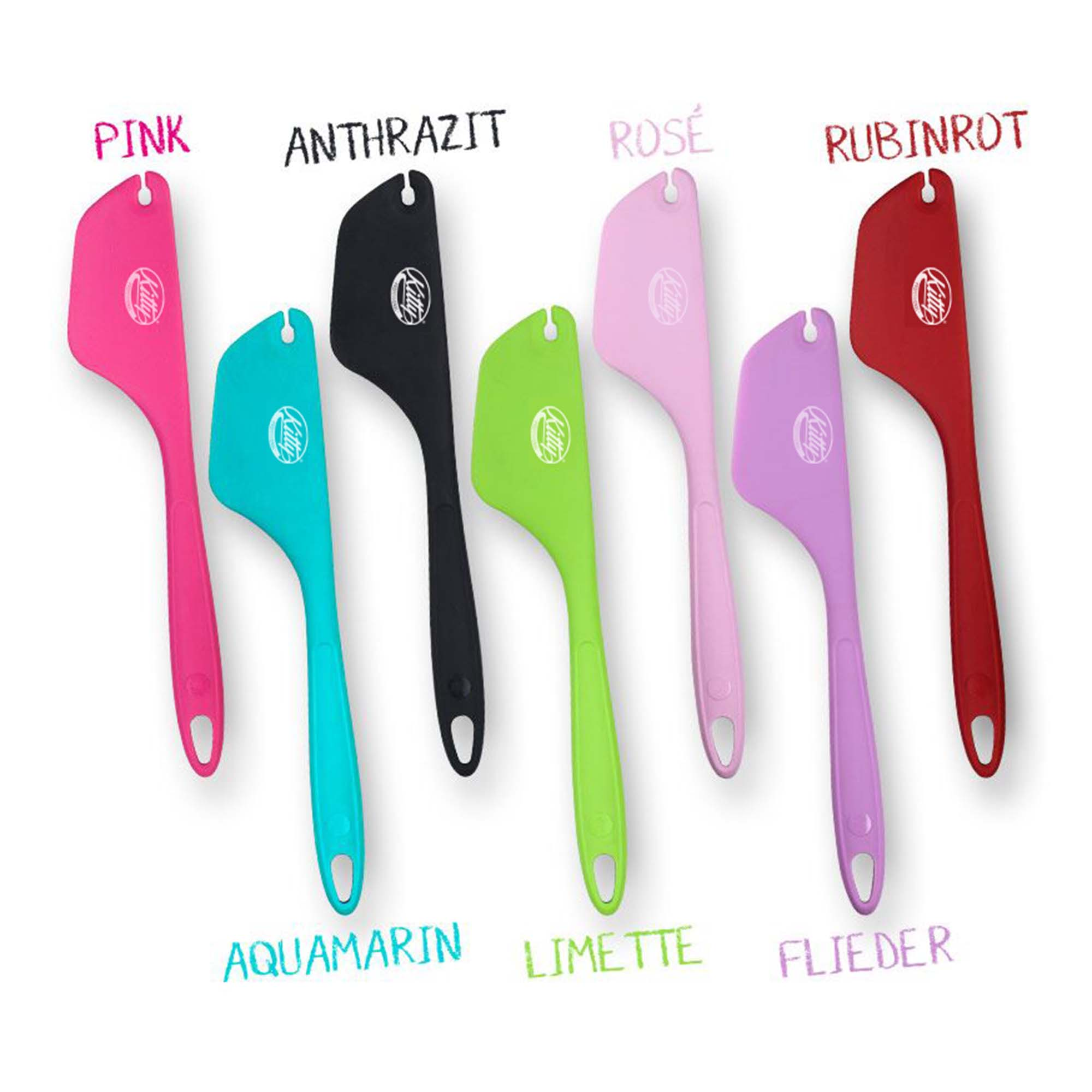 Sieben bunte Spatel mit Etiketten. Farben sind rosa, türkis, schwarz, grün, rosa, lila und rot.