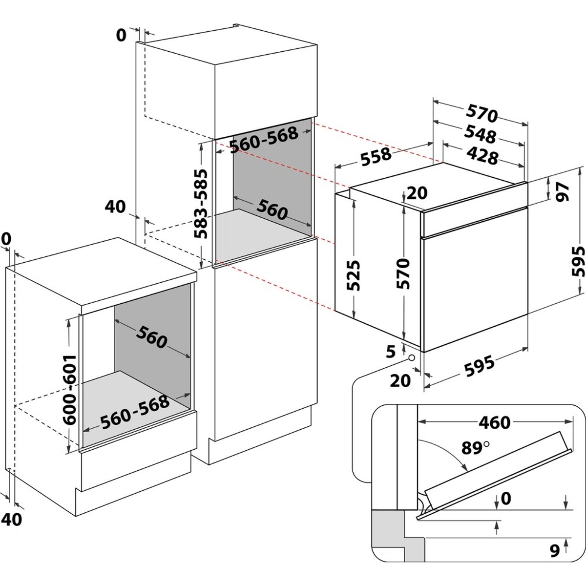Disegno tecnico di un forno con dimensioni.