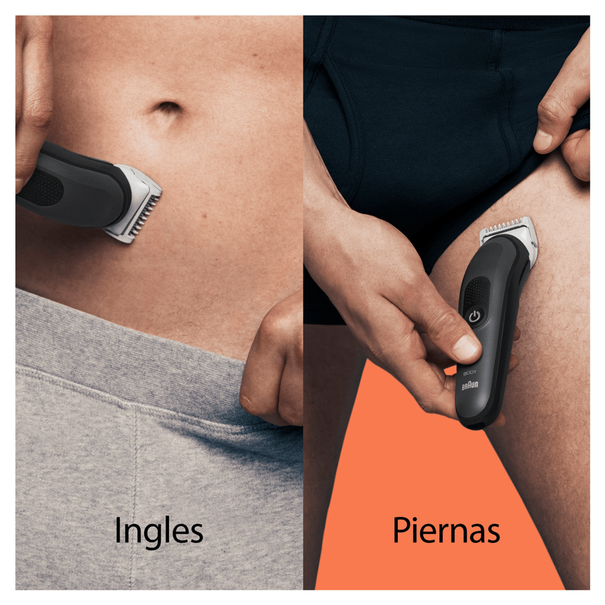 Mężczyzna goli włosy łonowe i nóg czarną maszynką. Obecne słowa 'Ingles' i 'Piernas'.