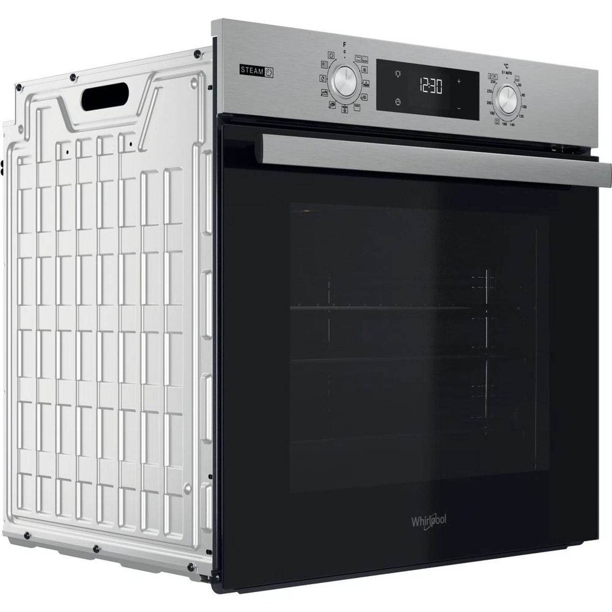 Horno de vapor Whirlpool, acero inoxidable, abierto lateralmente.