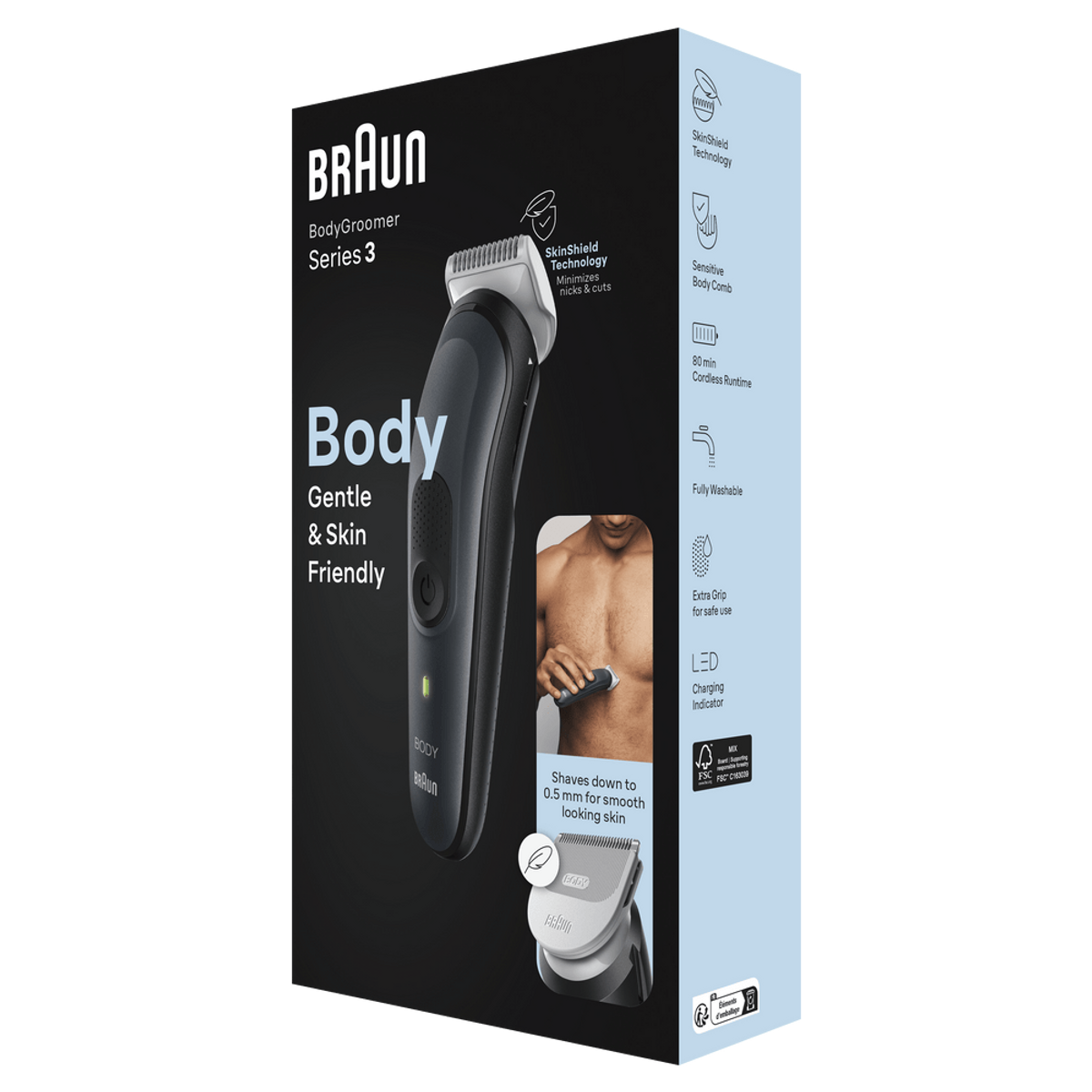 Pudełko Braun BodyGroomer Series 3, ze zdjęciem trymera i szczegółami produktu.