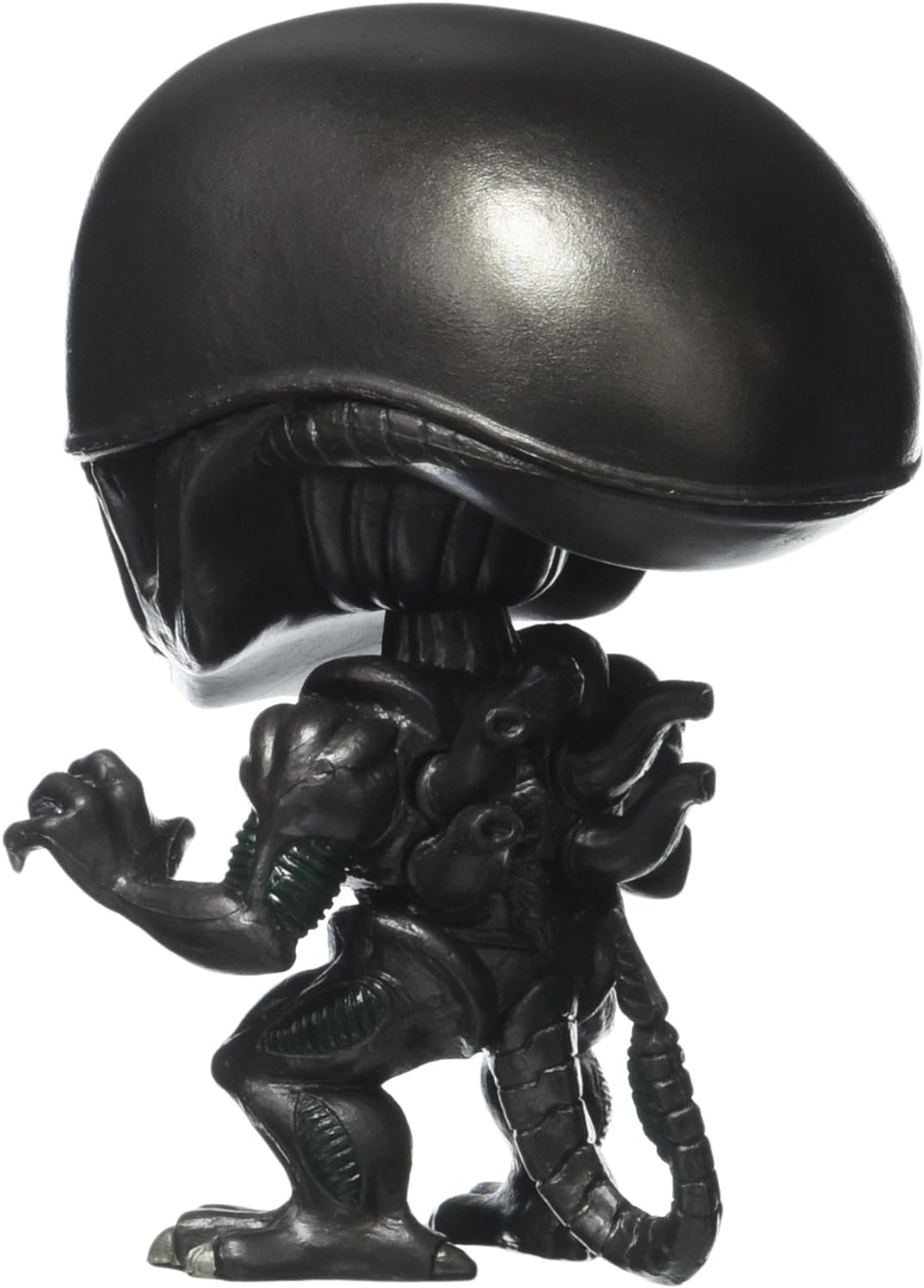 Schwarze Alien-Figur. Großer Kopf, kleiner Körper. Weißer Hintergrund.
