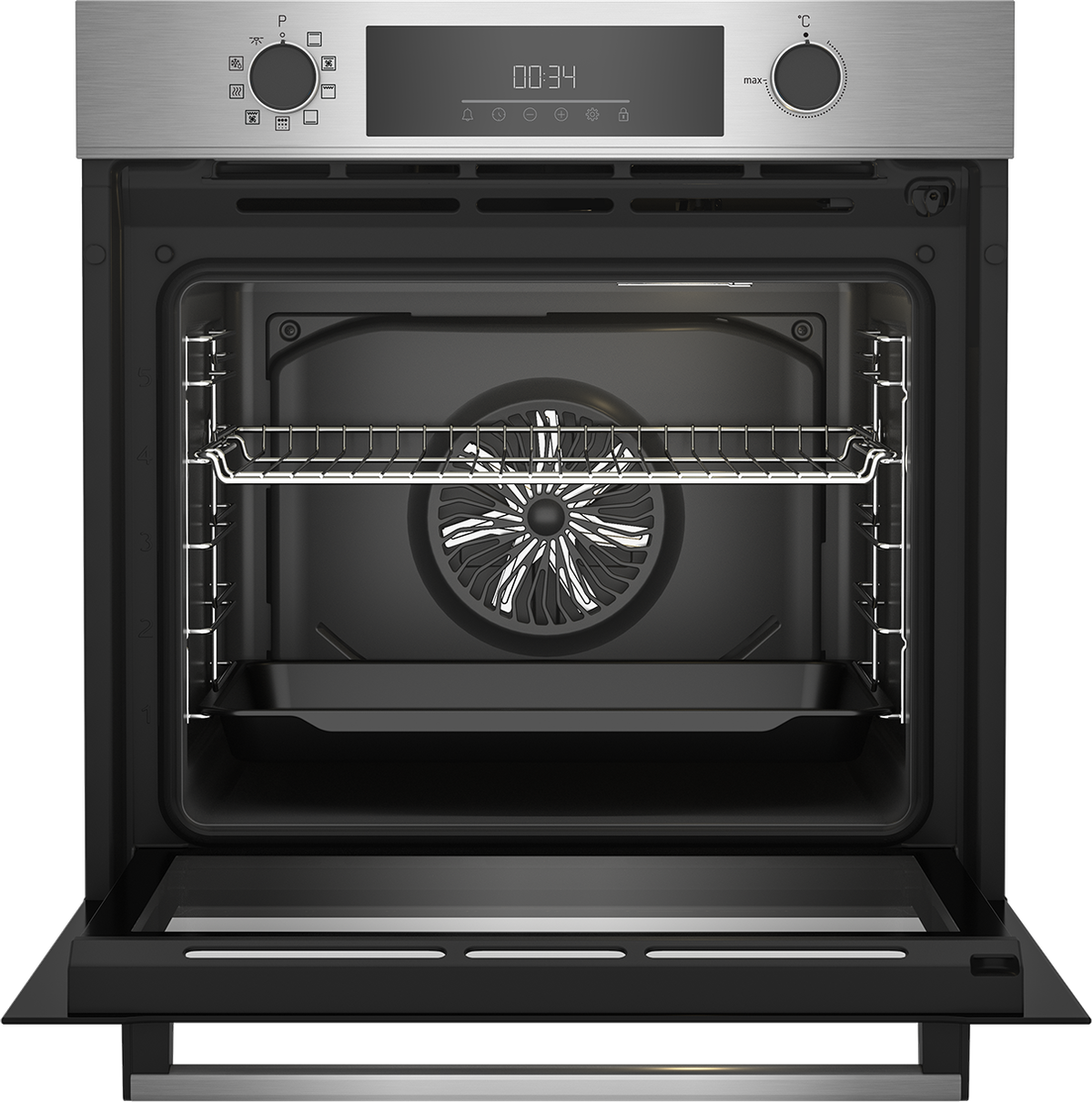 Forno aperto con luce interna accesa, che mostra la ventola e il vassoio.