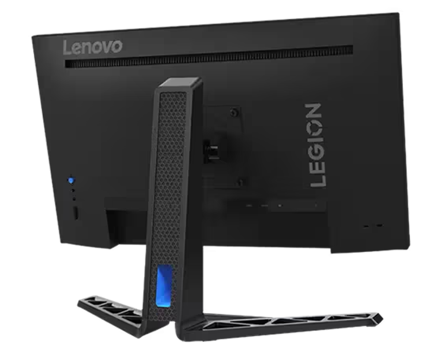 Parte trasera del monitor Lenovo Legion negro. Logotipo de Lenovo y Legion. Soporte con luz azul. Fondo oscuro.