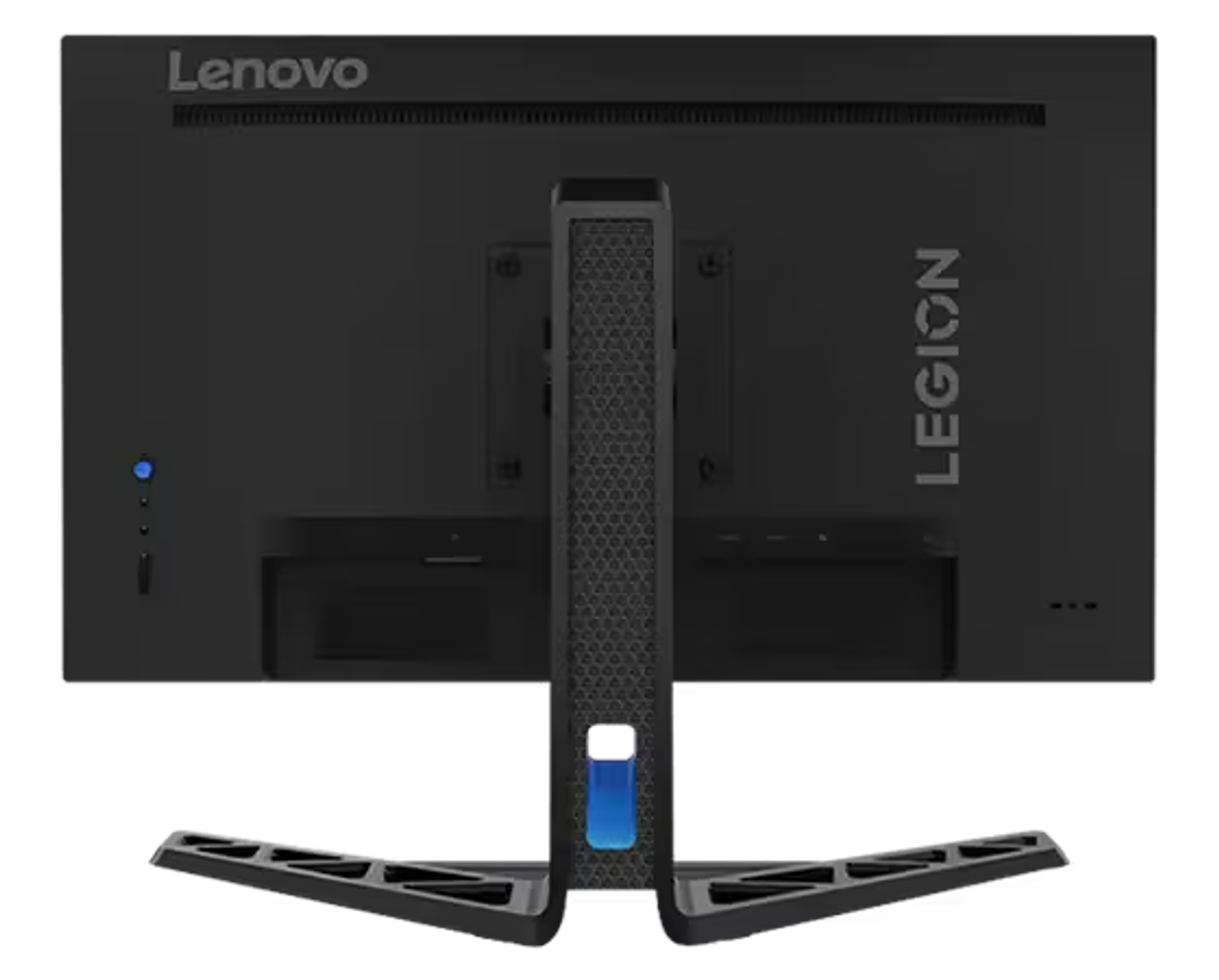 Vista trasera del monitor negro Lenovo Legion. Soporte y conexiones visibles.