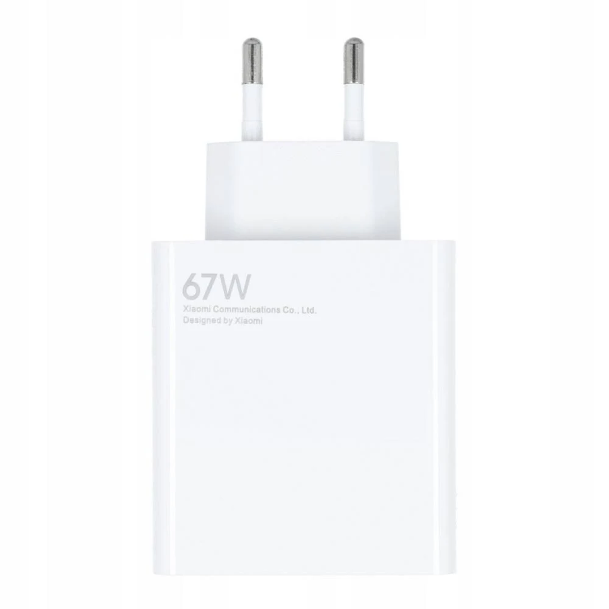 Cargador de teléfono blanco de 67W con dos clavijas.
