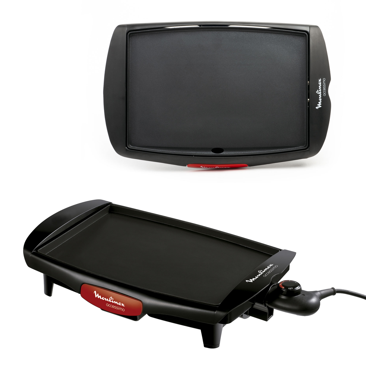 Due viste di una griglia Moulinex nera, una dall'alto e una laterale.