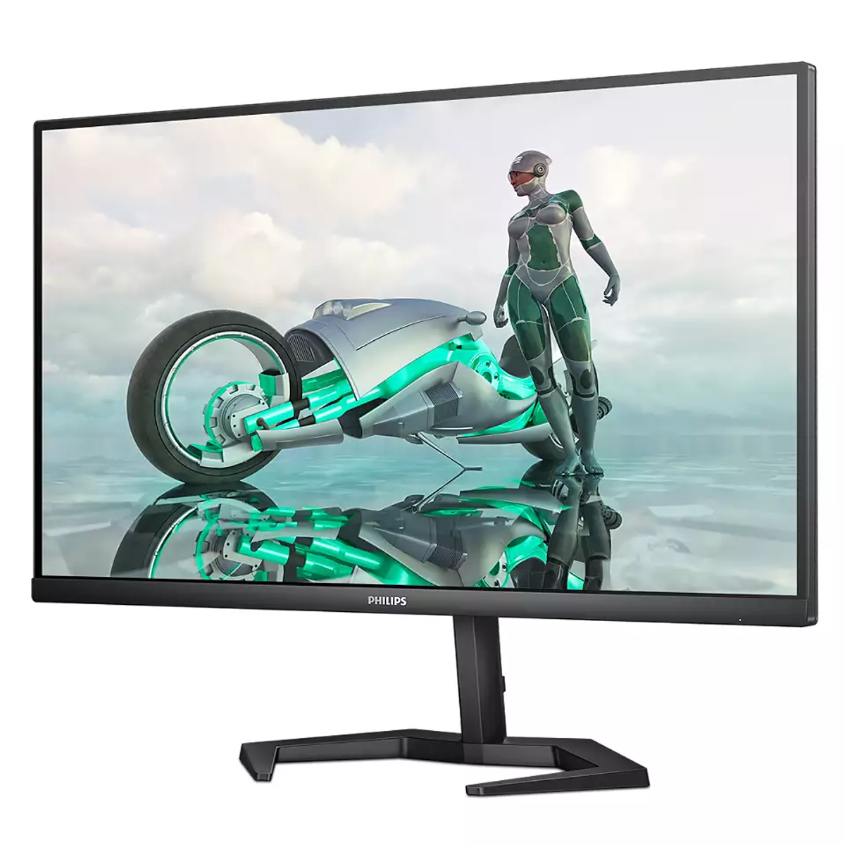 Ein geschwungener Philips-Monitor, der eine futuristische Szene mit Frau und Motorrad zeigt.
