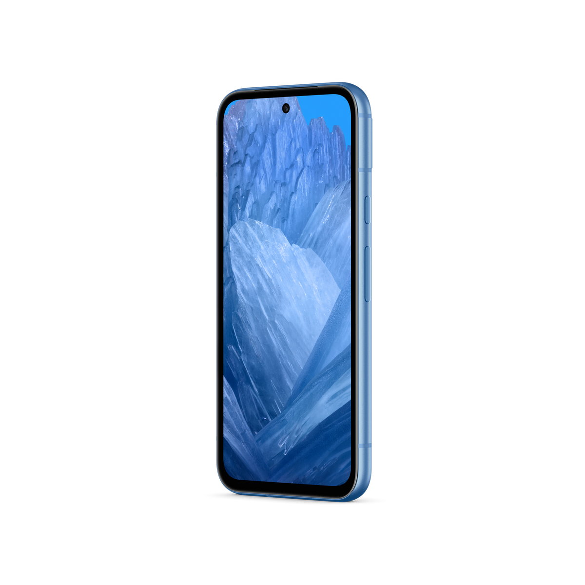 Niebieski telefon z ekranem wyświetlającym niebiesko-biały obraz abstrakcyjny.