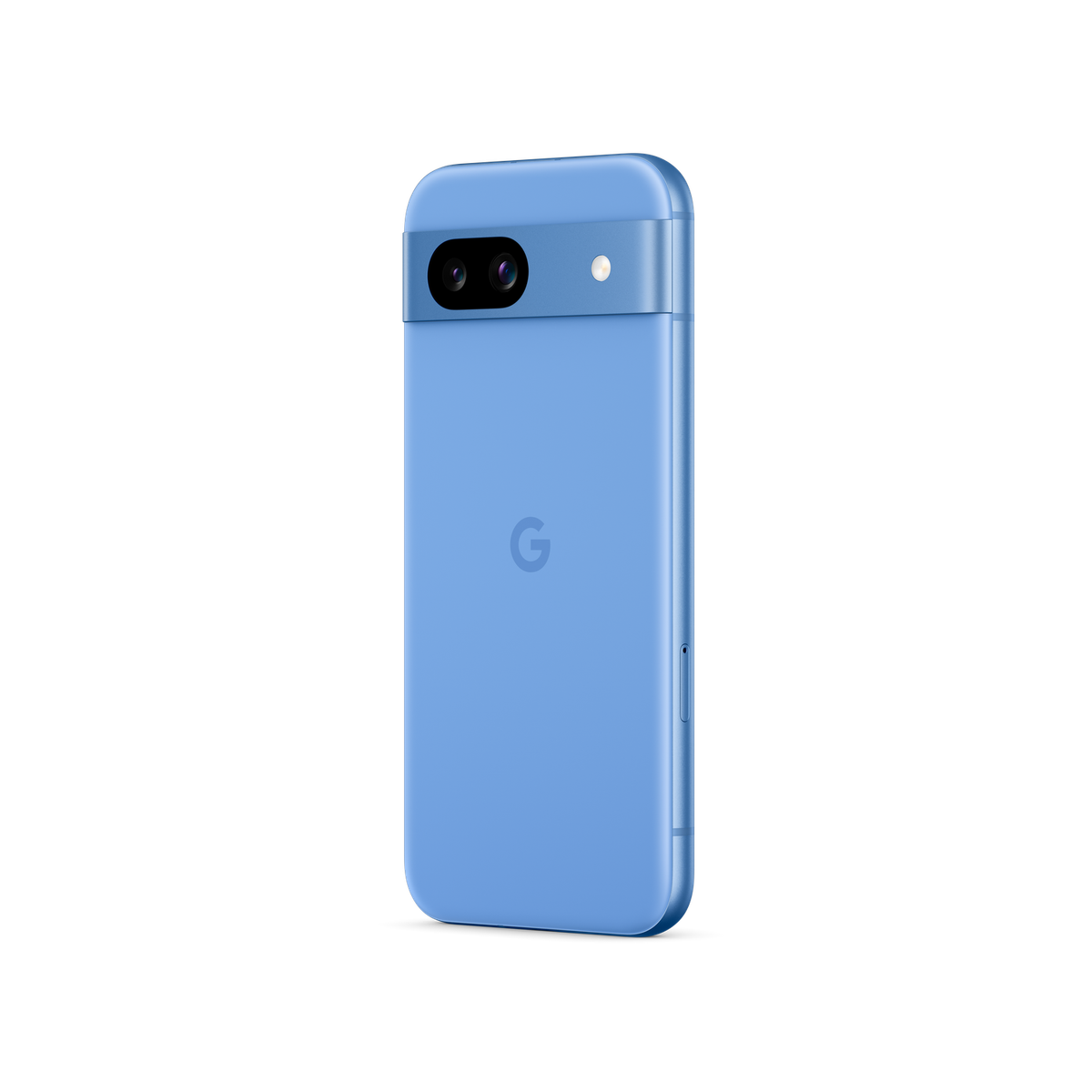 Niebieski telefon z podwójnym aparatem na czarnym tle.