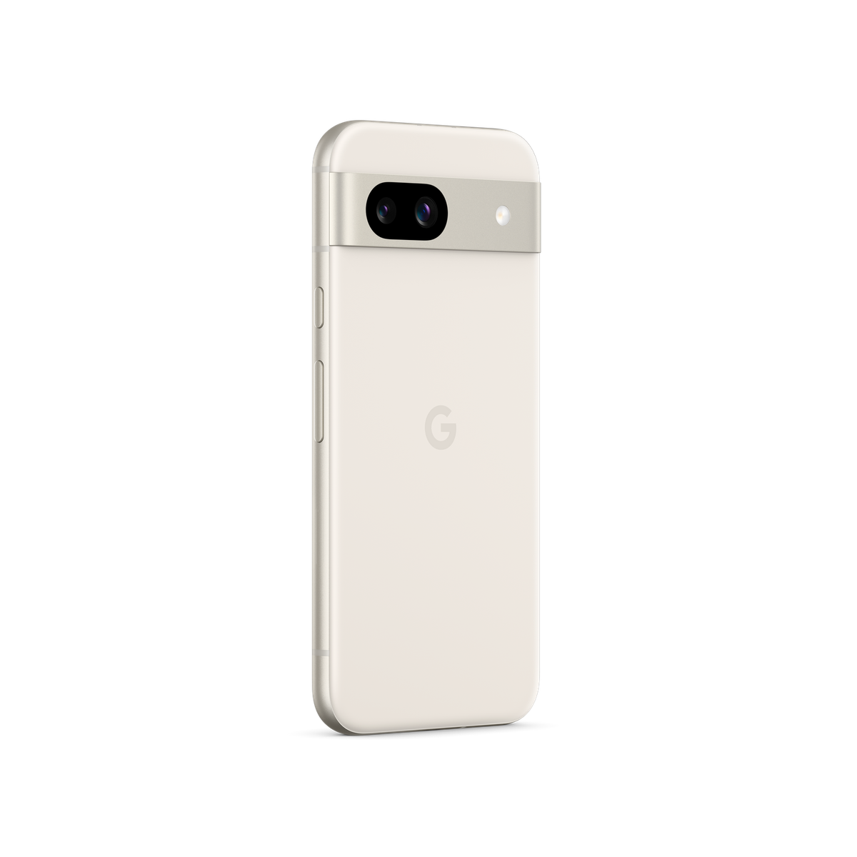 Kremowy tył telefonu Google Pixel 7a, z paskiem aparatu i logo 'G'. Czarne tło.