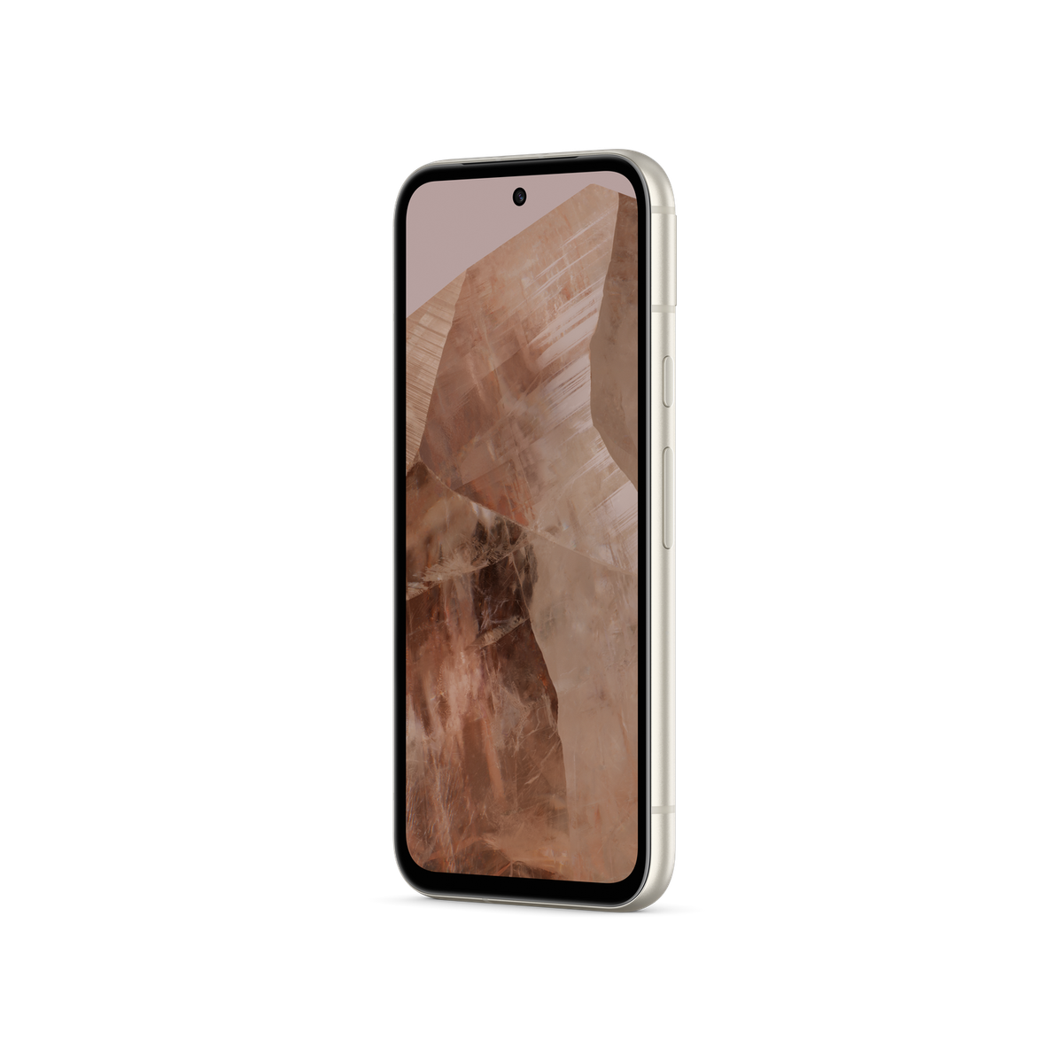 Smartfon z jasną ramką, pokazujący abstrakcyjny obraz w kolorze brązowym i beżowym.