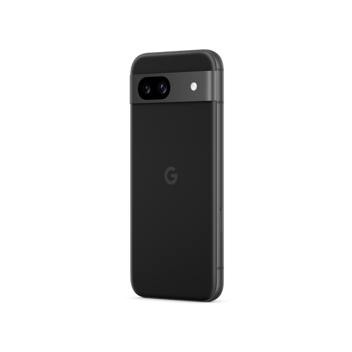 Czarny tył telefonu z aparatem i logo Google. Ciemnoszary pasek aparatu. Czarne tło.