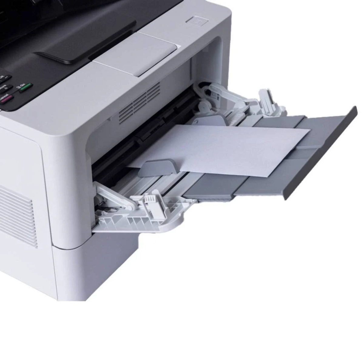 Biała drukarka z otwartą tacą na papier, trzymająca białą kartkę.