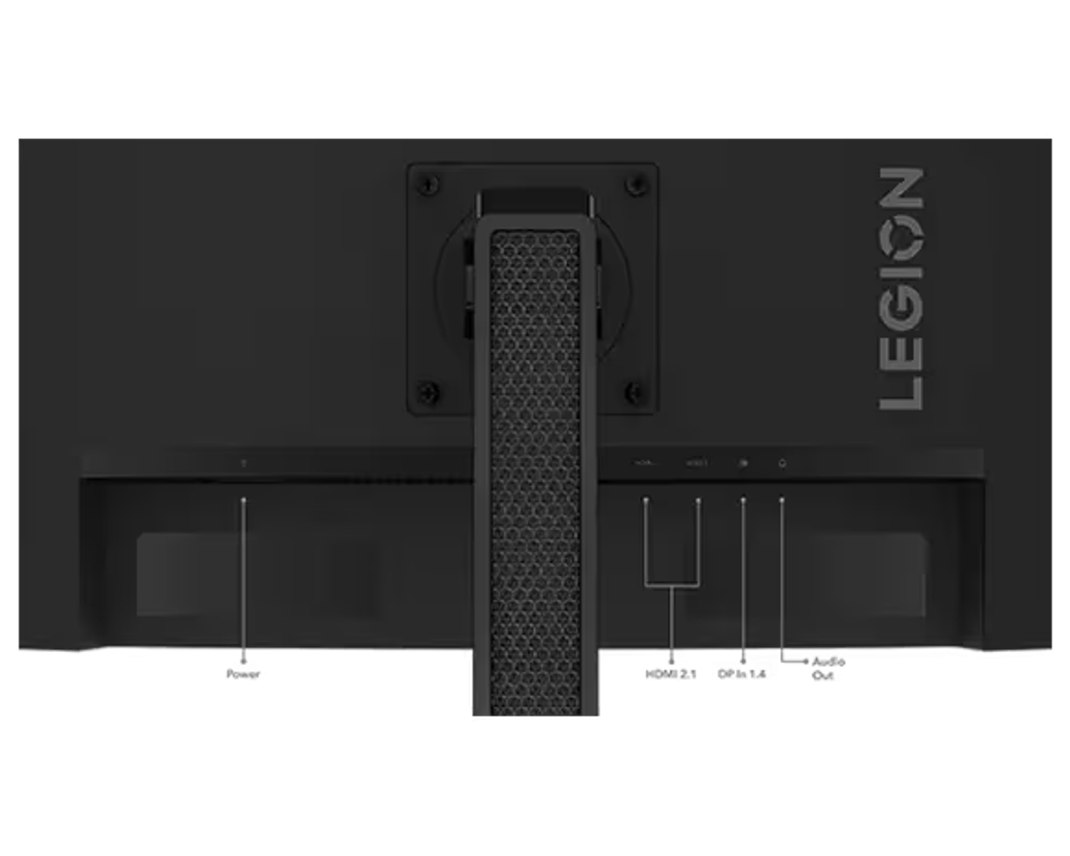 Tył czarnego monitora ze słowem LEGION i portami.