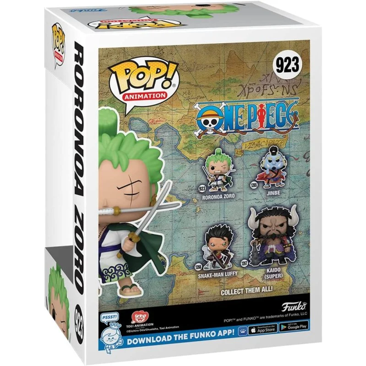 Una scatola Funko Pop, con un personaggio di One Piece, Roronoa Zoro, e altri personaggi di One Piece.
