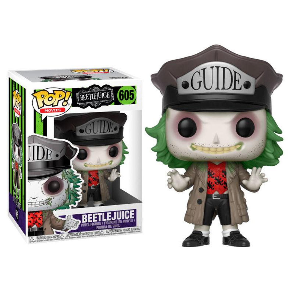Figura Beetlejuice Funko Pop con scatola. La figura ha la pelle verde e indossa una divisa da guida.