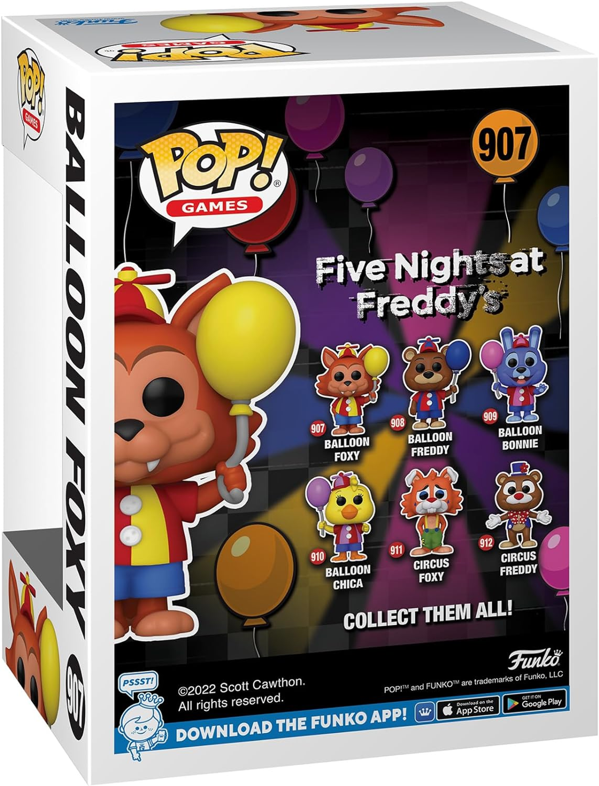 Pudełko z figurkami 'Five Nights at Freddy's'. Pokazano 'Balloon Foxy'.