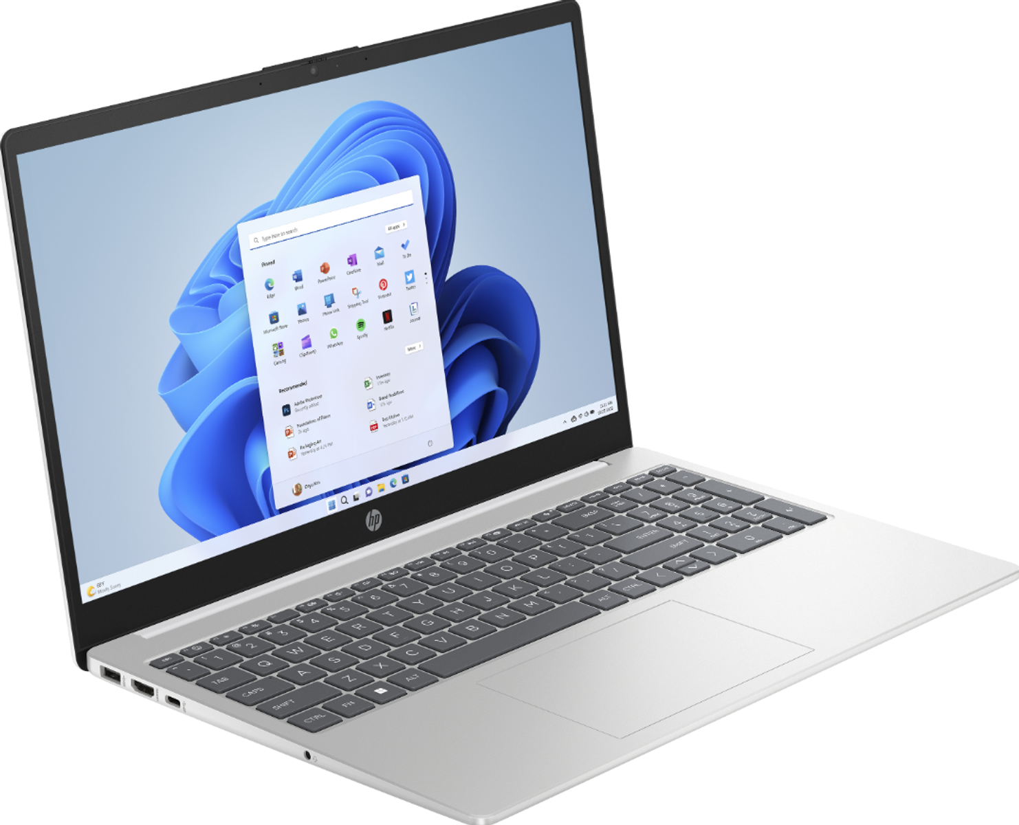 Silberner HP-Laptop mit Windows 11-Bildschirm und Tastatur.