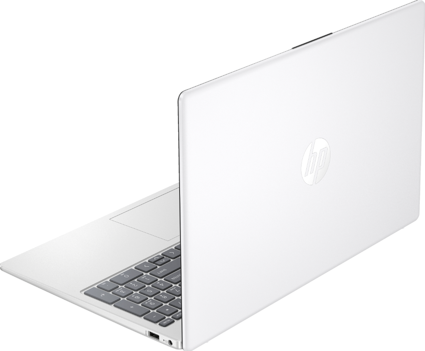 Weißer HP-Laptop, geschlossen, mit sichtbar HP-Logo. Weißer Hintergrund.