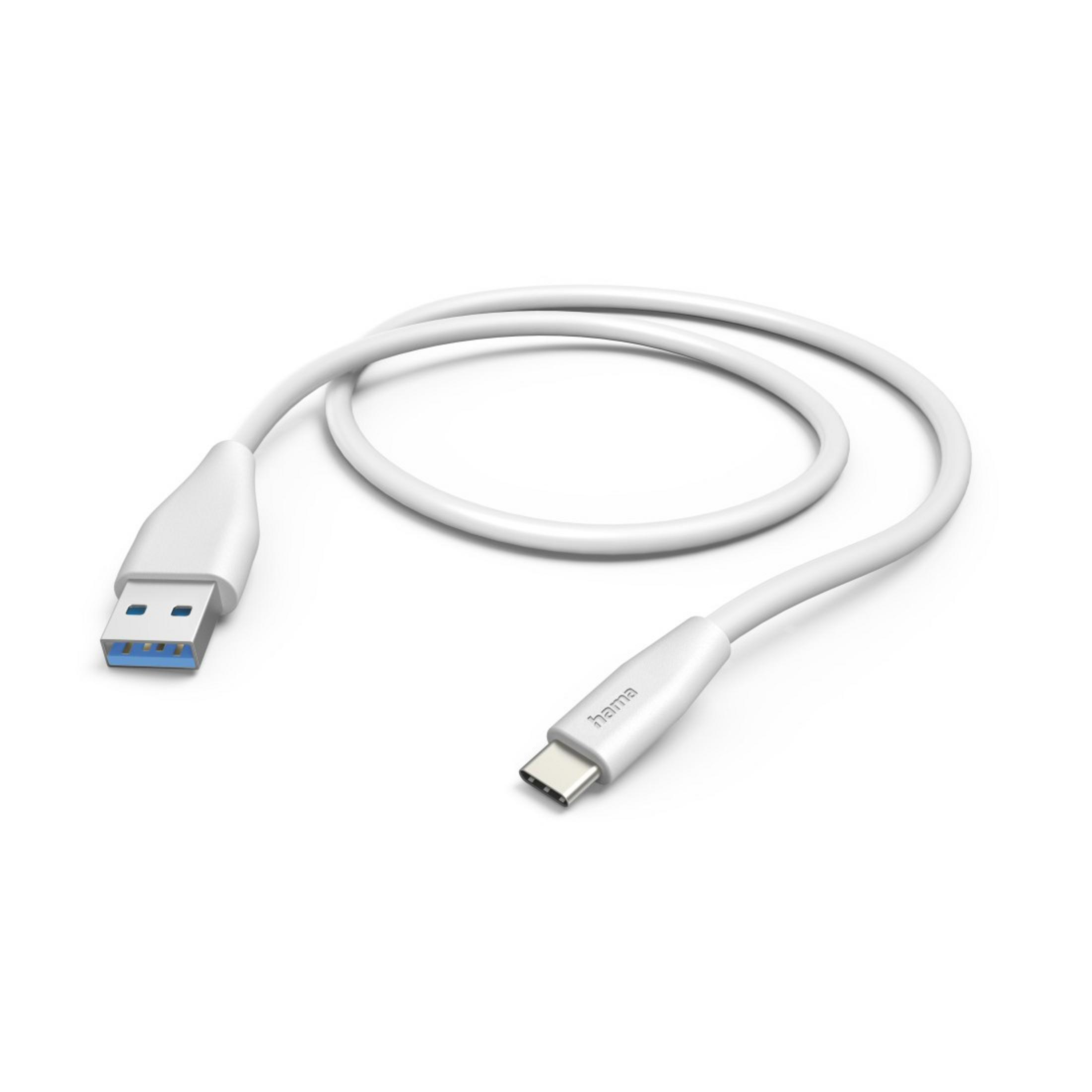 Un cavo bianco da USB a USB-C su sfondo bianco.