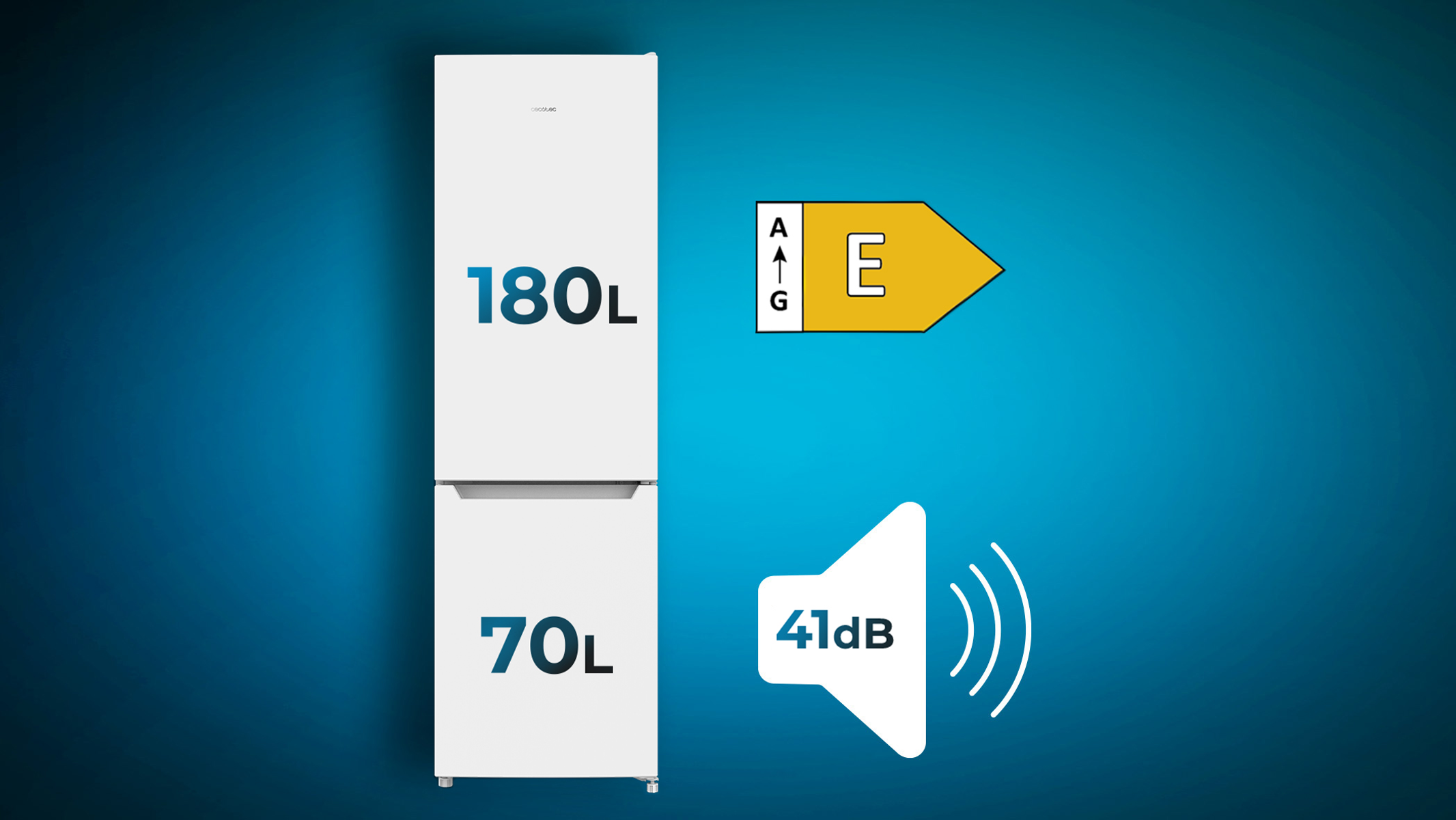 Biała lodówka z dwiema drzwiami, o klasie energetycznej E i poziomie hałasu 41dB, na niebieskim tle.