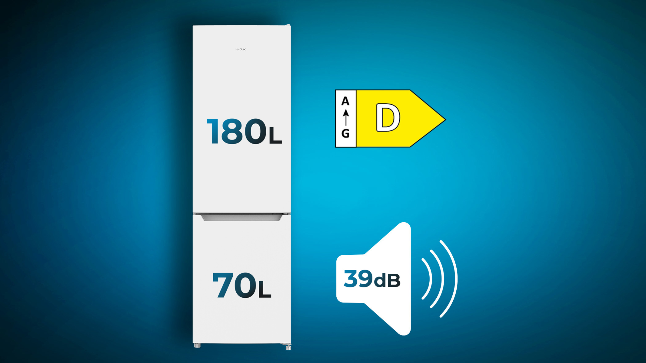 Biała lodówka z dwoma przegrodami, pokazująca efektywność energetyczną i poziom hałasu.