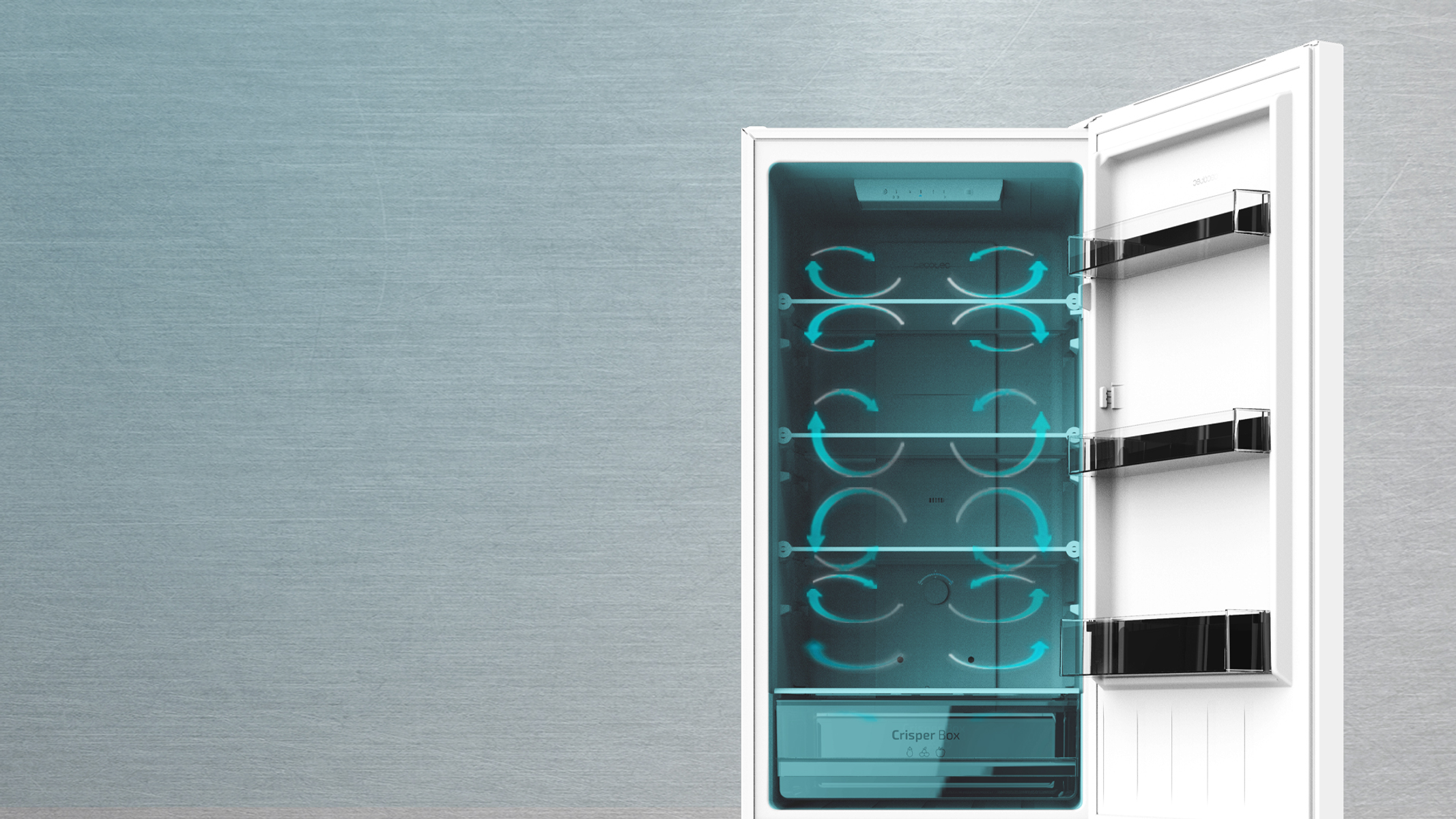 Otwarta lodówka. Wewnątrz widoczne półki i szuflada na warzywa. Strzałki przepływu powietrza są podświetlone na niebiesko.