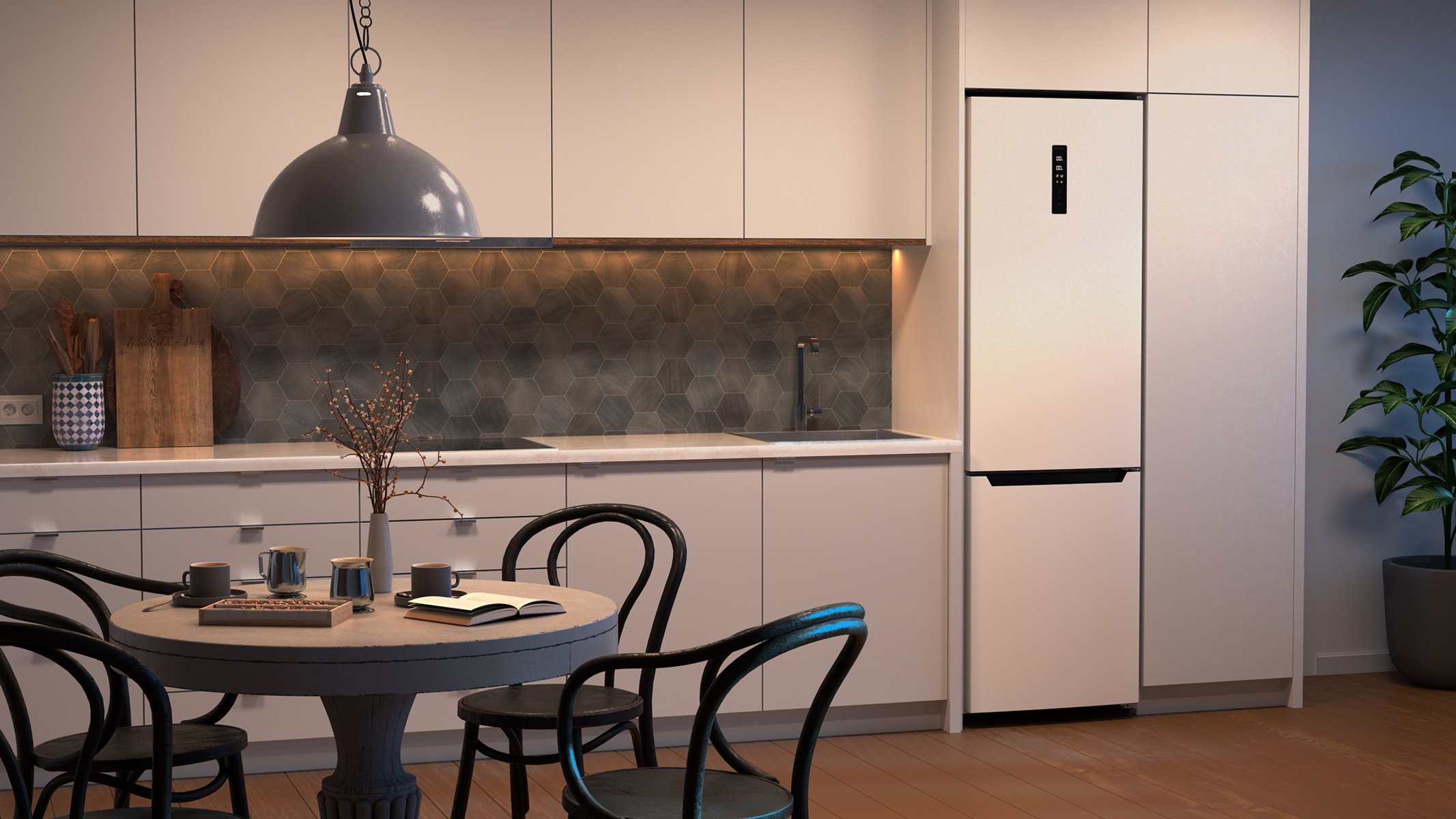 Nowoczesna kuchnia z okrągłym stołem i krzesłami. Białe szafki i duża lodówka. Ciemne tło.