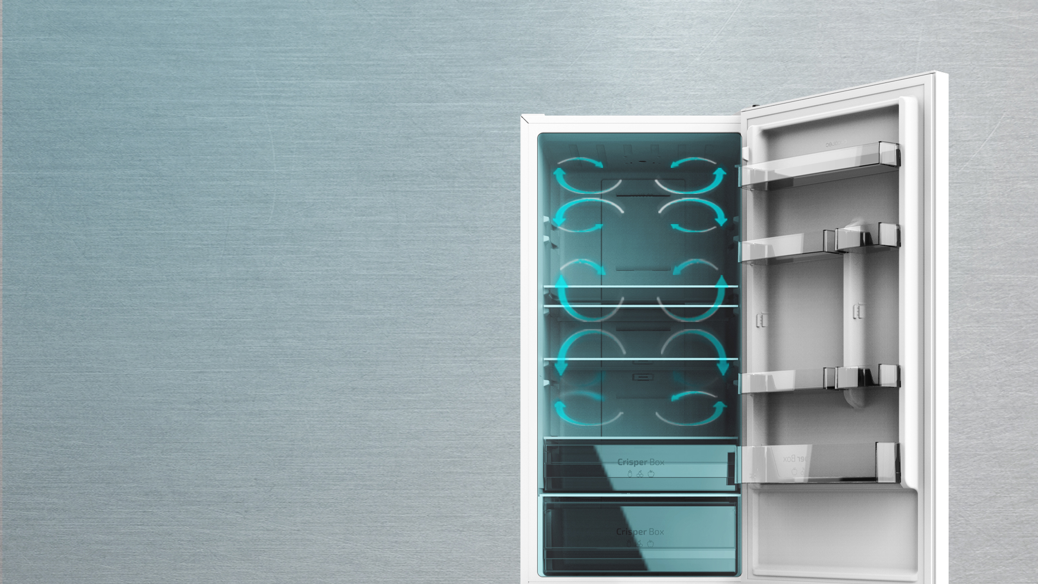 Otwarta wnętrze lodówki z półkami i szufladą na warzywa. Strzałki wskazują cyrkulację powietrza.