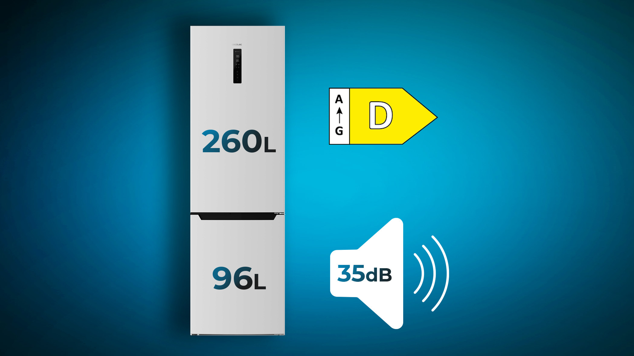 Biała lodówka z etykietą energetyczną D i pojemnością 260L/96L, na niebieskim tle.