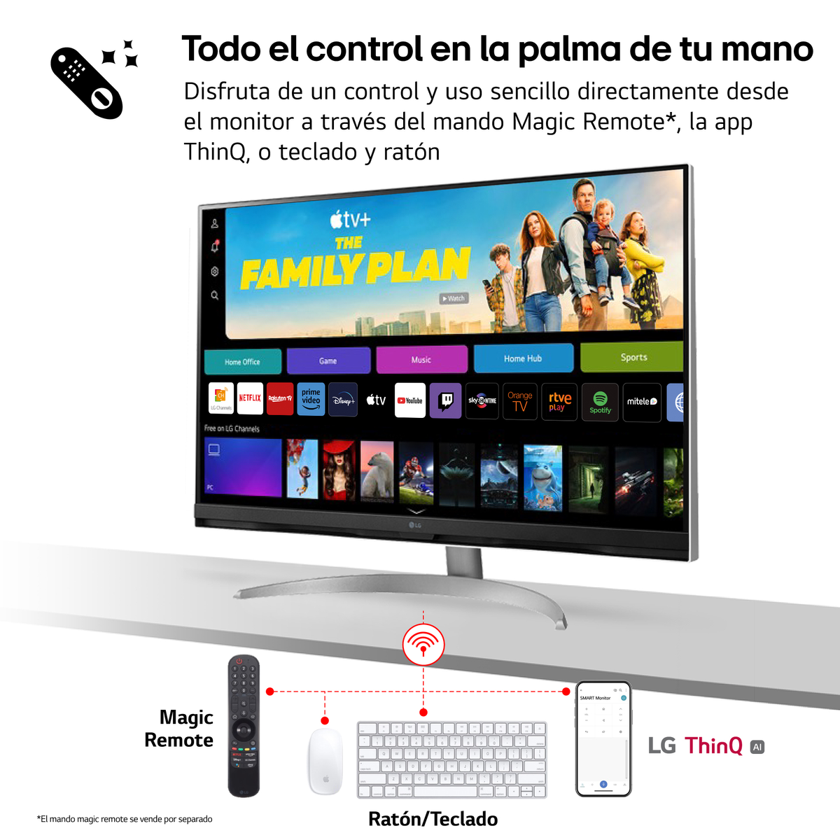 TV con film sul piano familiare, un telecomando, un mouse, una tastiera e un tablet.