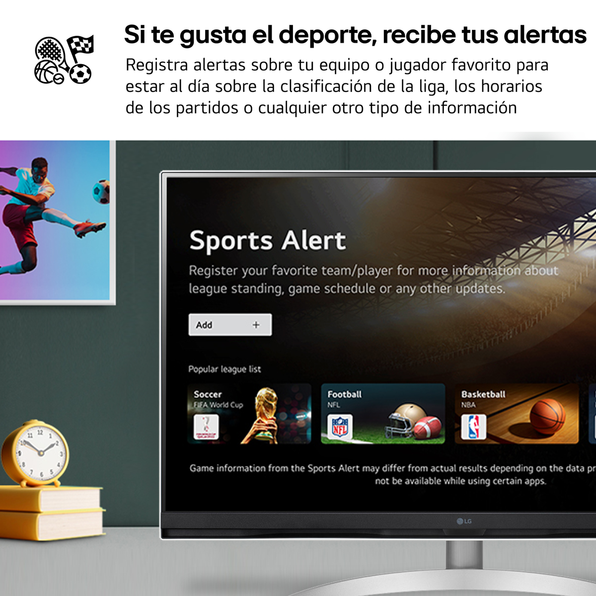 Pantalla de TV con alertas deportivas, imagen de fútbol e iconos de apps.