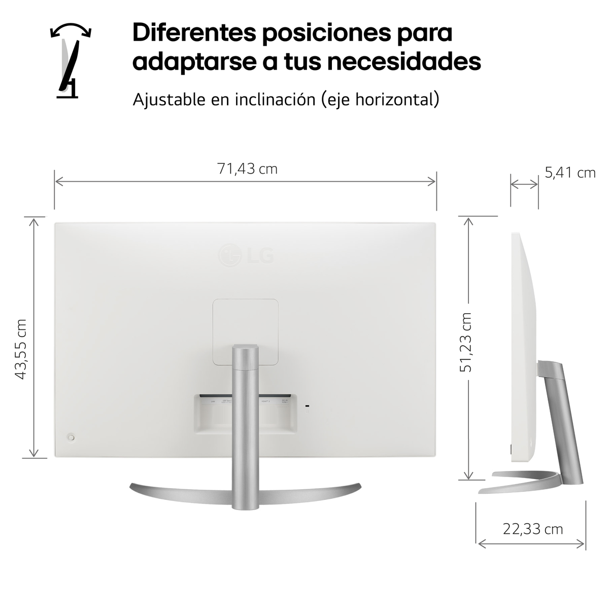 Un monitor de computadora blanco con soporte plateado muestra dimensiones y detalles de diseño.