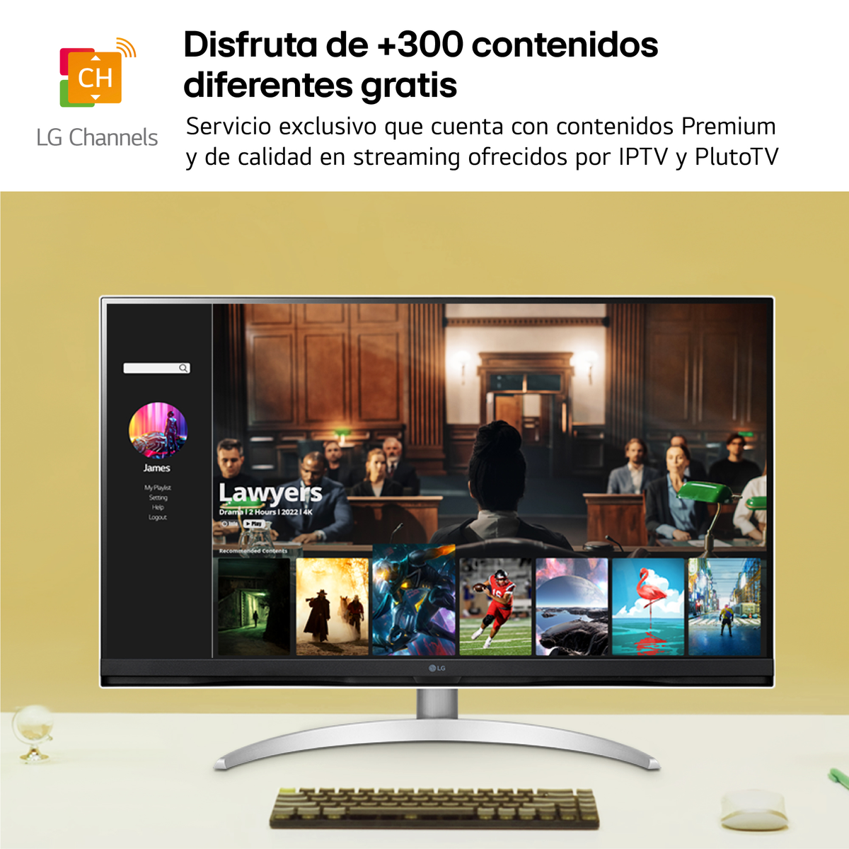 Una pantalla LG muestra contenido sobre abogados, junto a teclado y ratón.