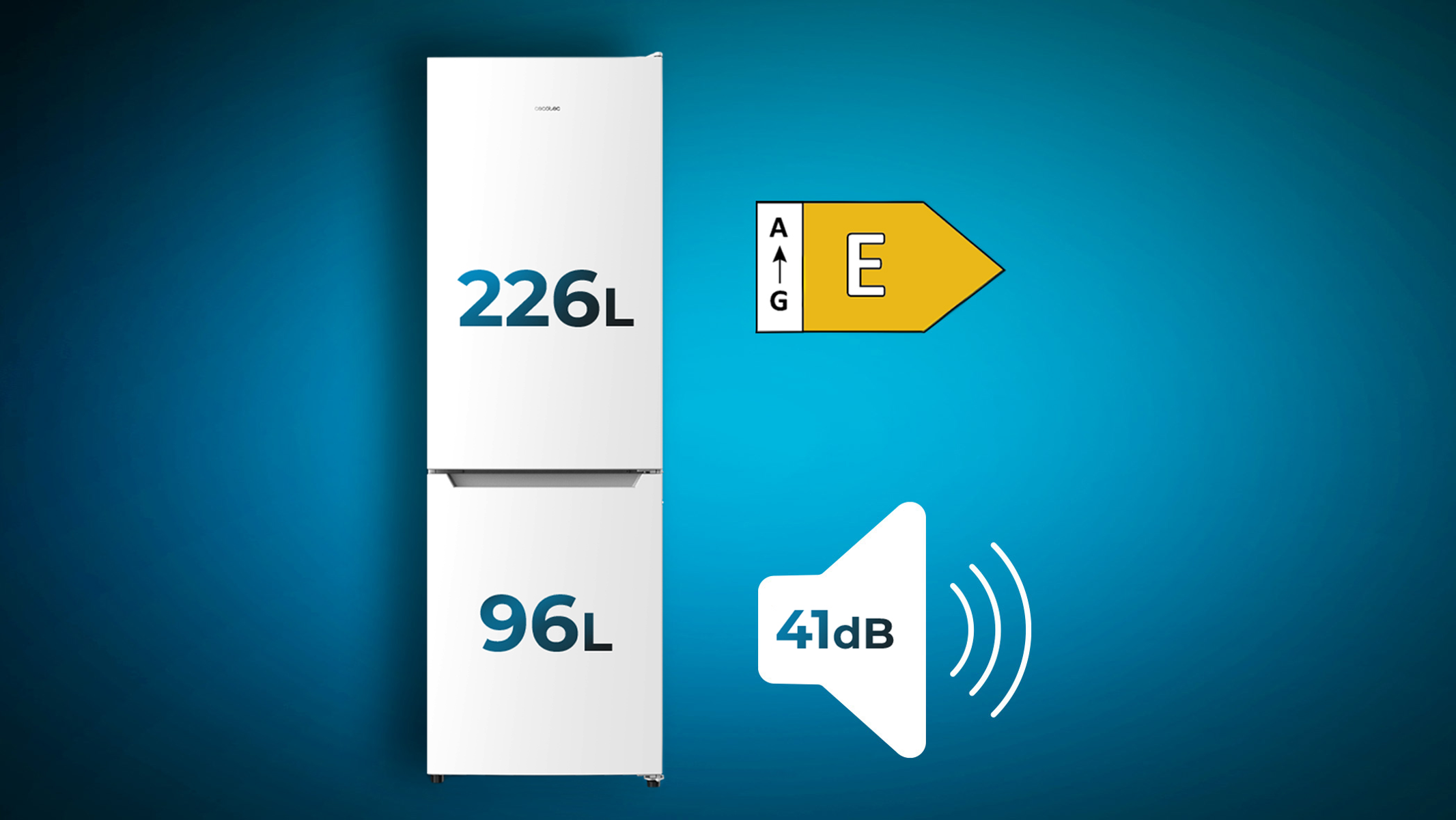 Biała lodówka z oceną E i pojemnością 226L i 96L.