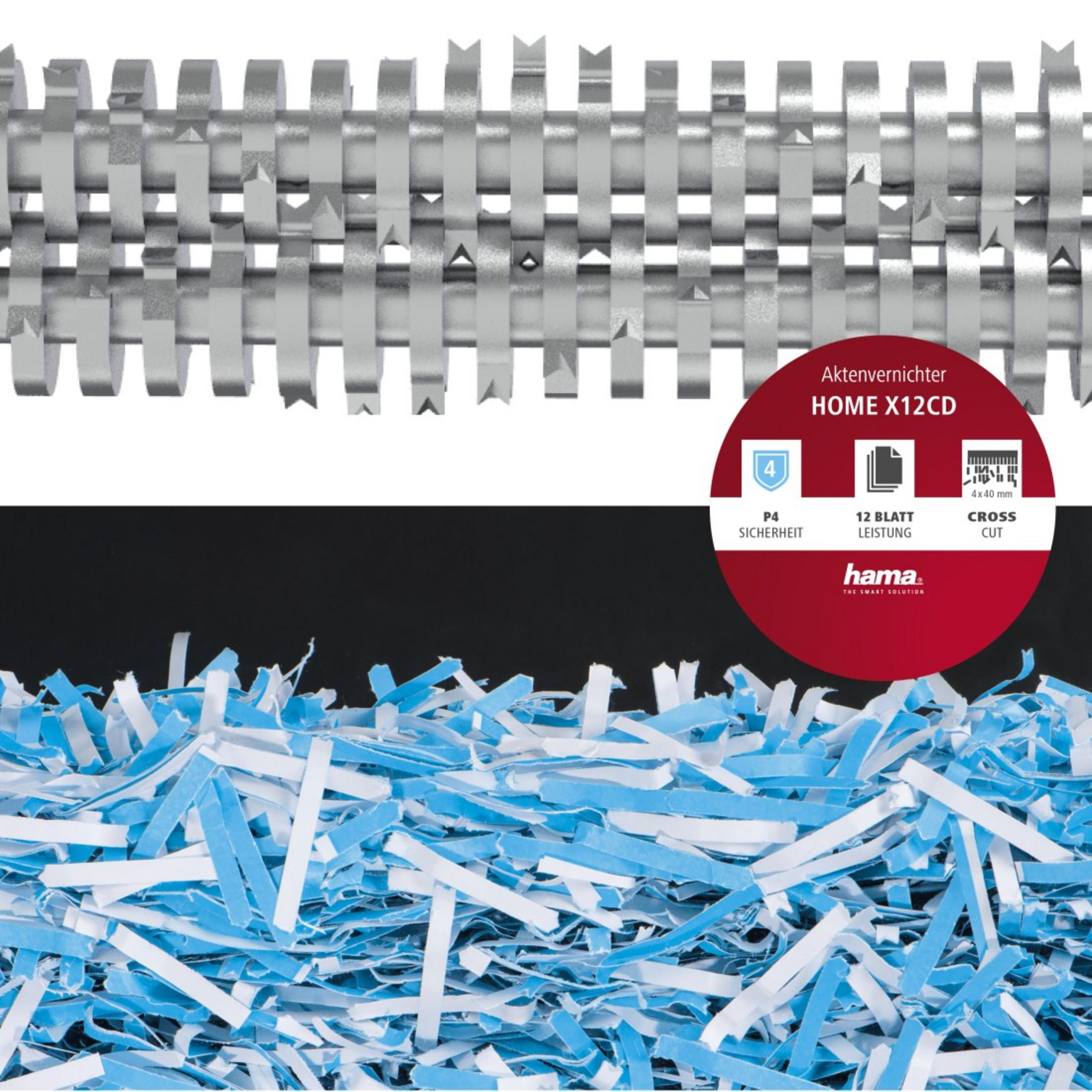 Niszczarka z niebiesko-białym pociętym papierem na dole.