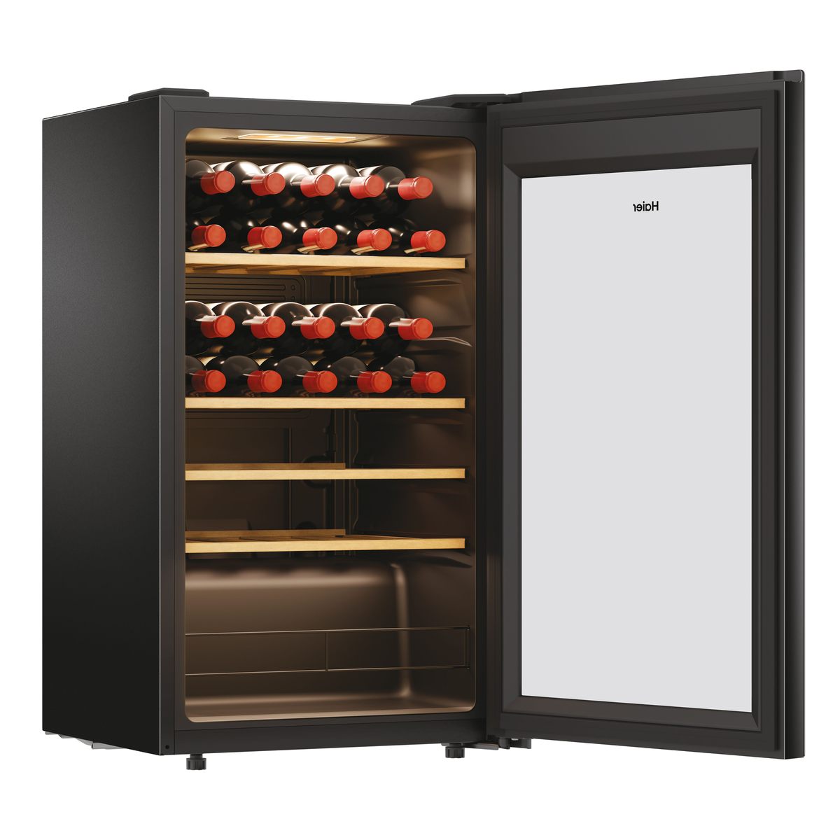 Réfrigérateur à vin avec bouteilles. Extérieur noir, porte ouverte.