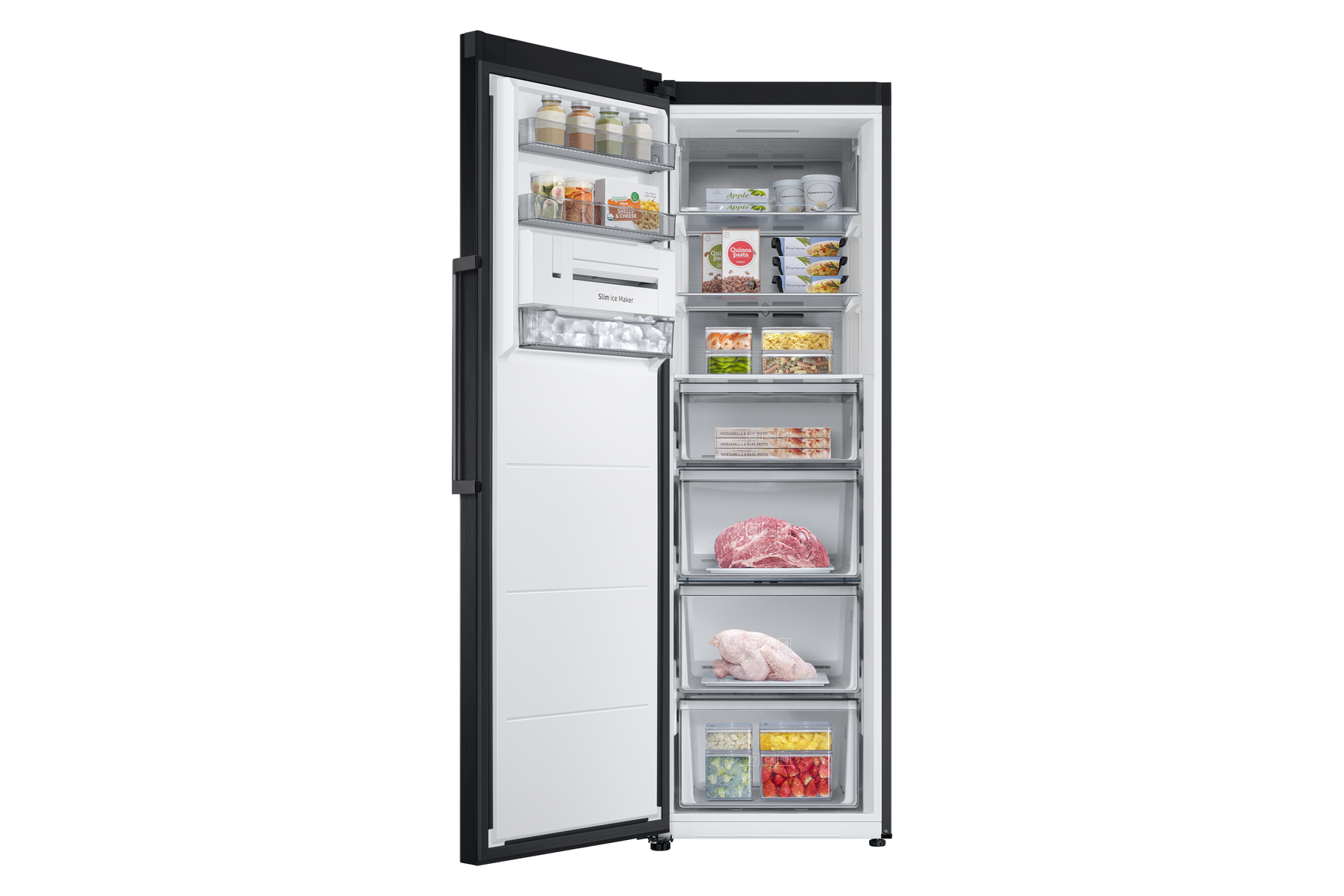 Wnętrze lodówki z półkami i szufladami wypełnionymi produktami spożywczymi, czarny wygląd zewnętrzny.